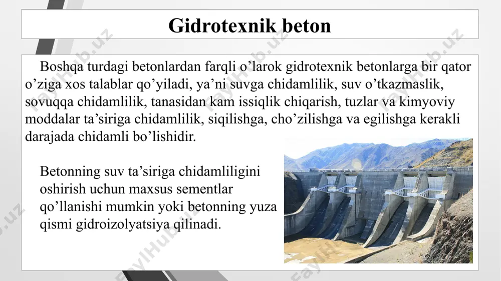 a va ob’yektlar (laboratoriya, energiya va suv ta’minoti tizimi, kompressorlar va xakozo)ga ega bo’ladilar. boshqa turdagi turdosh zavodlardan farqlash maqsadida, ko’pchilik hollarda bunday korxonalarni sement–beton zavodlari (tsbz) deb yuritiladi. gidrotexnik beton tayyorlashda qo’llaniladigan mashina va uskunalar qurilish jarayonidagi beton ishlari hajmlari, bajarilish muddatlari va ehtiyojiy jadalliklariga bog’liq ravishda beton qorishmasi quyidagicha tayyorlanadi: – alohida turuvchi ko’chma betonqorgichlarda, beton ishlari hajmi juda kichik, jadalligi 3...6 m3/soat gacha bo’lgan va ob’yekt markaziy bazalar va yirik qurilish maydonlaridan uzoqda joylashgan sharoitlarda; – ko’chma betonqorgich qurilmalarida ishlar bajarilish muddati kam hajmi esa katta bo’lsa, ob’yekt katta maydonlarda joylashib, beton ishlari jadalligi 6...12 m3/soat ni tashkil qilgan sharoitlarda; – statsionar yig’ib-yechiladigan betonqorgich qurilmalari yoki beton zavodlarida beton ishlari jadalligi 12 m3/soat yuqori va davomiyligi 5...6 yilni tashkil qiladigan ob’yektlarda; – alohida loyihalar bo’yicha quriladigan beton qorishmasi tayyorlash zavodlarida. gidrotexnik beton tayyorlashda qo’llaniladigan mashina va uskunalar ular asosan ish hajmi va jadalligi ancha katta bo’lganda markaziy …