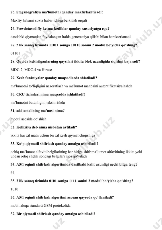 jumida p ehtmollik qiymati qanday bo‘lganda kolliziya topilan bo‘ladi? 1/2 dan katta bo‘lganda 42. blokli shifrlash algoritmlari arxitekturasi jihatidan qanday tarmoqlarga bo‘linadi? feystel va sp 43. des shifrlash algoritmida s-bloklarga kiruvchi qiymatlar uzunlgi nechi bitga teng bo‘ladi? 6 44. rotate amalining ma’nosi nima? surish (siklik surish, mantiqiy surish) 45. aes algoritmida shifrlash kalitining uzunligi qanday? 128, 192, 256 bit 46.233mod19 nechiga teng? 5 47. kriptologiya nima bilan shug'ullanadi? maxfiy kodlarni yaratish va buzish ilmi bilan 49. o'rniga qo'yish shifrlash algoritmlari qanday sinfga bo'linadi? bir giymatli va ko'p giymatli shifrlash 50. kalit bardoshliligi bu -? eng yaxshi ma'lum algoritm bilan kalitni topish murakkabligidir 51. klassik kriptotahlil bu -? shifrmatndan x ochiq matnni ajratib olish yoki y shifratndan k kalitni tiklash ilmi 52. a5/1 oqimli shifrlash algoritmida har bir qadamda kalit oqimining qanday qiymatini hosil giladi? bir bitini 53. ma'lumotlarni kodlash va dekodlashda nechta kalitdan foydalanadi? kalit ishlatilmaydi 54. haqiyqiy tasodifiy ketma-ketliklar …