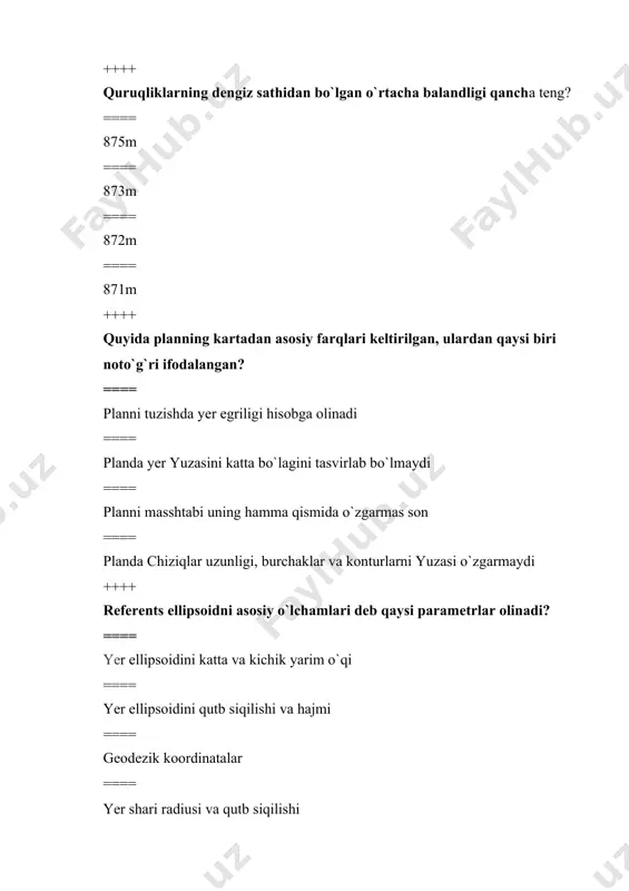 i ==== satxiy sirt deb tinch holatdagi satxining fikran quruqliklar tagidan davom etirilishidan hosil bo`lgan dumaloq shaklga aytiladi ++++ plan deb nimaga aytiladi? ==== yerning kichik bo`lagini o`ziga o`xshash holda kichraytirib, yer egriligini hisobga olmay, gorizontal tekislikka tushirilgan tasviri ==== relefsiz faqat tafsilotlarni kichraytirib kog`ozga tushirilgan tasviri ==== tafsilotsiz faqat joy relefini kog`ozga tushirilgan tasviri ==== yerning katta qismini yer egriligini hisobga olib, bir muncha o`zgartirib va kichraytirib qogozga tushirilgan tasviri ++++ masshtab aniqligi deb nimaga aytiladi? ==== plan yoki dagi 0,1mm kesimga joyda to`g`ri keladigan uzunlikka aytiladi. ==== pladagi 0,1sm oraliqga joyda to`g`ri keladigan uzunlikka aytiladi. ==== plandagi 1m oraliqga joyda to`g`ri keladigan uzunlikka aytiladi. ++++ 1:5000 masshtabning aniqligi nimaga teng? ==== 0, 50 m ga ==== 2 m ga ==== 0, 4 m ga ++++ 1:25000 masshtabning aniqligi nimaga teng? ==== 2,5 m ga ==== 1 m ga ==== 0, 2 m ga ==== 0, 01 m ga …