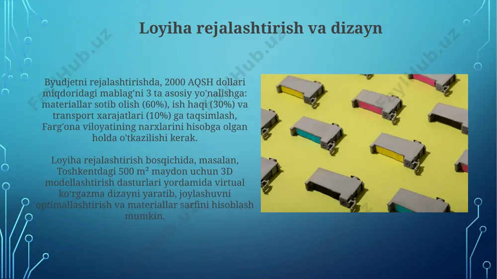 azma hikoyasini kuchaytirishga yordam beradi. kartondan yasalgan eksponatlarning o'lchamlari va og'irliklari buxoro shahridagi ko'rgazma maydonchasining yuk ko'tarish quvvatini hisobga olgan holda, 150 kg dan oshmasligi va oson ko'chirilishini ta'minlash uchun aniq hisob-kitoblar asosida belgilanadi. xavfsizlik va ekologik jihatlar ko'rgazma stendlarining o'tga chidamliligini ta'minlash uchun maxsus 30 daqiqagacha olovga chidamli materiallardan foydalanish, yong'in xavfsizligi talablariga javob beradi va farg'ona viloyati standartlariga mos keladi. kartondan yasalgan eksponatlarni ishlab chiqarishda 5% dan kamroq chiqindilar hosil qiluvchi, ekologik toza bo'yoqlardan foydalanish, shuningdek, 100% qayta ishlanadigan materiallardan foydalanish toshkent shahridagi ko'rgazmalar uchun muhim ahamiyatga ega. materiallarni tanlash va tayyorlash картонни кесиш учун лазерли кесиш технологиясидан фойдаланиш, аниқликни 0,1 мм гача ошириш ва материал чиқимини 15% га тежаш имкониятини беради. 3-5 мм қалинликдаги юқори сифатли гофрланган картонни танлаш, унинг мустаҳкамлиги ва намликка чидамлилигини ҳисобга олиб, тошкент шаҳридаги "олтин қўл" дўконидан харид қилиш мақсадга мувофиқ. kartondan ko'rgazma tayyorlash texnologiyalari farg'ona viloyatida joylashgan 2 ta korxonada ishlab chiqarilgan …