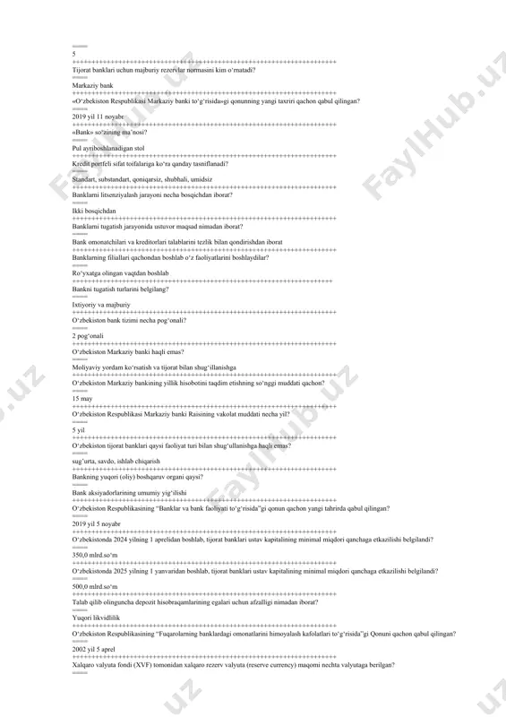 gilarga munosabatini aniqlanadi ===== +++++++++++++++++++++++++++++++++++++++++++++++++++++++++++++++++++++ bank xizmatlari rivojlanishiga ko‘ra quyidagi turlarga bo‘linadi: ===== an’anaviy, noan’anaviy ===== +++++++++++++++++++++++++++++++++++++++++++++++++++++++++++++++++++++ pulning kelib chiqish ko’rinishi ===== qiymat ko’rinishda, tovar ko’rinishda, pul ko’rinishda +++++++++++++++++++++++++++++++++++++++++++++++++++++++++++++++++++++ pulning mohiyati nimada namoyon bo’ladi? ===== pul barcha tovarlar va xizmatlar qiymatini o’zida ifoda etuvchi umumiy ekvivalentdir ===== +++++++++++++++++++++++++++++++++++++++++++++++++++++++++++++++++++++ iqtisodiyotga davlat aralashuvining qisqarishi, moliyaviy munosabatlarni erkinlashtirilishi ===== barqaror pul-kredit tizimini rivojlantirishga imkoniyat tug‘diradi ===== +++++++++++++++++++++++++++++++++++++++++++++++++++++++++++++++++++++ o’zbekiston respublikasi davlat bankiga qachondan boshlab markaziy bank nomi berilgan? ===== 1992 yildan ===== +++++++++++++++++++++++++++++++++++++++++++++++++++++++++++++++++++++ davlat tomonidan pul mablag’lari qaysi manbalardan olinadi: ===== soliq, bankdan kredit va pul emissiyasi orqali +++++++++++++++++++++++++++++++++++++++++++++++++++++++++++++++++++++ tijorat banklari ... da tashkil topadi ===== ixtiyoriy tashkiliy-huquqiy shaklda +++++++++++++++++++++++++++++++++++++++++++++++++++++++++++++++++++++ tijorat bankini boshqaruvchi organlar ===== aksiyadorlarning umumiy yig‘ini, bank kengashi, boshqaruvi +++++++++++++++++++++++++++++++++++++++++++++++++++++++++++++++++++++ bank faoliyatini kim nazorat qiladi? ===== boshqaruv raisi +++++++++++++++++++++++++++++++++++++++++++++++++++++++++++++++++++++ bank likvidligini boshqarish siyosatini kim ishlab chiqishi kerak? ===== bank boshqaruvi +++++++++++++++++++++++++++++++++++++++++++++++++++++++++++++++++++++ banklarining 3 yildan ortiq muddatga jalb qilingan milliy valyutadagi depozitlariga nisbatan …