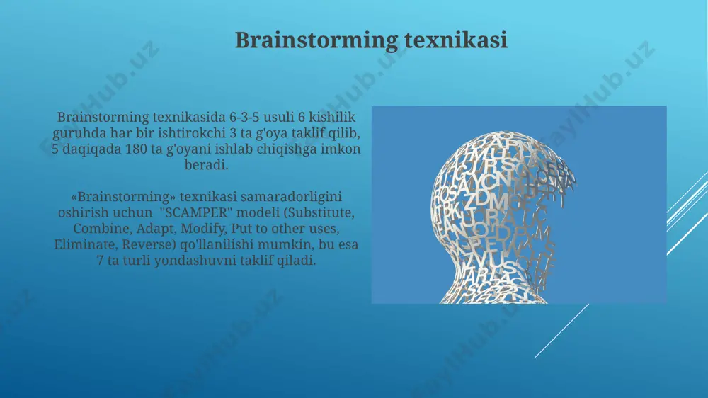 sh holatlar bilan taqqoslash orqali yangi g'oyalarni yaratishga yordam beradi, bu esa yaratilish jarayonini tezlashtiradi. ushbu usul, 5-7 ta o'xshashlikni topish orqali, murakkab muammolarni soddalashtirish va turli xil echimlarni aniqlash imkonini beradi, shu bilan birga mantiqiy fikrlashni rivojlantiradi. ijodiy fikrlashni baholovchi mezonlar ijodkorlikni baholashda muammoga yondashuvning noyobligi (masalan, 10 ta g'oya ichidan 3 tasi noyob bo'lsa yuqori baho), yechimning samaradorligi va ta'sirchanligi hisobga olinadi. kognitiv moslashuvchanlik sinovlari (masalan, "alternativ foydalanish" testi) orqali fikrlashning egiluvchanligi va ijodkorlik potentsialini 10 balldan 7 balli chegarasidan oshiq baholash mumkin. ijodiy fikrlash tushunchasi ijodkorlikni rivojlantirishda 70% muvaffaqiyat tarkibiy qismlarni tanlash va ularni birlashtirishdagi mahoratga bog'liq bo'lib, 30% esa yangi g'oyalarni yaratishga bog'liq. ijodkorlik fikrlashining 4 bosqichi mavjud: tayyorgarlik, inkubatsiya, ilhom va tekshirish, bu jarayonlar miya faoliyatining turli sohalarini faollashtiradi. stressga qarshi kurashning psixologik usullari ijtimoiy qo'llab-quvvatlash tarmog'iga ega bo'lish, ya'ni oila va do'stlar bilan muloqot qilish, stress darajasini sezilarli darajada pasaytiradi va hissiy jihatdan mustahkamlikni …