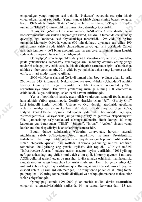 ishlarini yuritish borasida, sud hokimiyatining oliy organi hisoblanadi. tuman, shahar sudlarining sudlov faoliyati ustidan nazoratni olib boradi. ijroiya organi -vazirlar ministrlar kengashi hisoblanadi. quyidagi davlat arboblari ministrlar kengashi raislari bo’lib ishladi: amin tojiev (1989-1992), radjapboy yo’ldashev (1992-1995), baxram jumaniyazov (1995-1996), saparbay avezmatov (1996-1998), amin tojiev (1998-2002), tursunbay tangirbergenov (2002-2006). hozirgi kunda ministrlar kengashi raisi bo‘lib baxadir yangibaev ishlaydi. bugungi kunda o‘zbekiston markaziy byudjetidan qoraqalpog’istonga berilayotgan subvensiya, ya’ni moliyaviy yordam miqdori 9 milliarddan oshiq so‘mni, yoki butun qoraqalpog’iston byudjeti xarajatlarining 75 %ni tashkil etmoqda. o‘zbekiston hukumatining amaliy yordami qoraqalpoq xalqining fidoiy mehnati tufayli keyingi yillarda qoraqalpog’istonda aholi turmush sharoitini yaxshilash, tub iqtisodiy isloxotlarni amalga oshirish borasida qator ijobiy natijalarga erishildi. eng avvalo, elda tinchlik va barqarorlik mustahkamlandi. hamjihatlik bilan yurt istiqboli yo’lida mehnat kilishga sharoit yaratildi. respublikada mulkchilikning yangi shakllari paydo bo’la boshladi. ishlab chiqarish va xizmat ko’rsatish sohasida nodavlat sektorning xissasi oshib bordi. sanoat, qishloq xo’jaligi va savdoda nodavlat sektori …