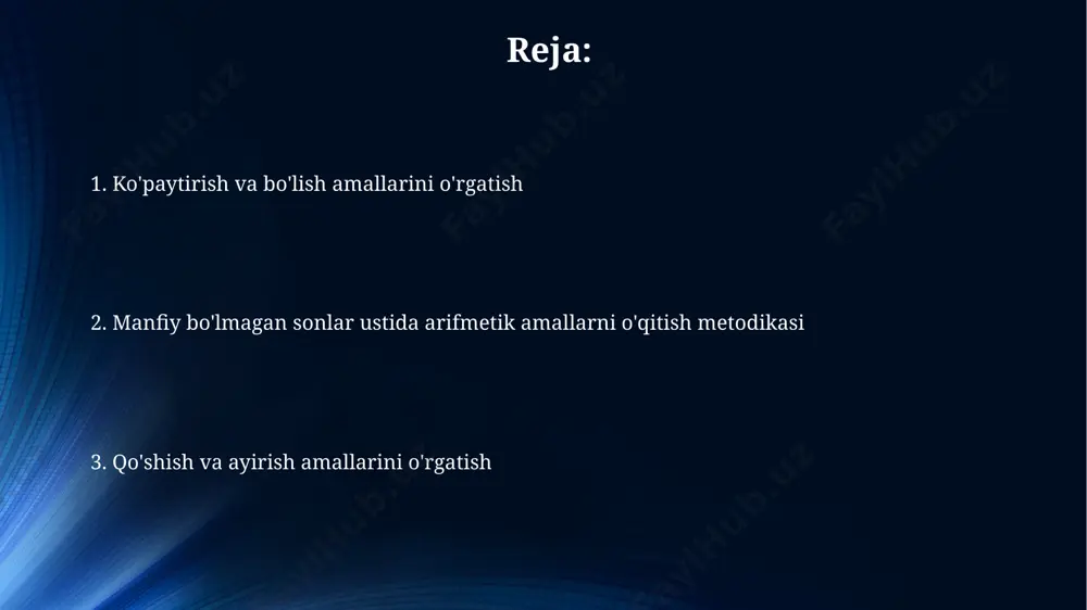 iy bo'lmagan sonlar ustida murakkab arifmetik amallarni o'rgatishda, 100 gacha bo'lgan sonlar bilan ishlovchi hisoblash vositalari va interaktiv o'yinlar keng qo'llanilmoqda. o'quvchilarning individual xususiyatlarini hisobga olish o'quvchilarning 5-sinfdagi matematik qobiliyatlarini baholash orqali, samarqanddagi 20 nafar o'quvchining hisoblash tezligi va aniqligiga qarab, individual yondashuvni qo'llash kerak. har bir o'quvchi uchun 3 xil mashq turi taklif etiladi. qarshi shahridagi 15 nafar o'quvchi bilan ishlashda, ularning ong darajasini va fikrlash uslublarini hisobga olib, sodda misollardan murakkab misollargacha bosqichma-bosqich o'tish kerak, bu erda har bir bosqich 2-3 kunni oladi. zamonaviy texnologiyalardan foydalanish samarqanddagi maktabda o'tkazilgan tadqiqot shuni ko'rsatdiki, 7 yoshli bolalar uchun raqamlar bilan ishlashni o'rgatishda 3d modellardan foydalanish an'anaviy usullarga nisbatan 15% ga ko'proq samarali bo'lgan. onlayn ta'lim platformalaridan, jumladan, "uzair" platformasidan foydalanib, 50 dan ortiq arifmetika masalalari bo'yicha interaktiv testlar va mashqlarni andijon viloyatidagi o'quvchilarga taqdim etish mumkin, bu ularning mustaqil o'rganishini rivojlantiradi. ko'paytirish va bo'lish amallarini o'rgatish bo'lish amallarini tushuntirishda, 12 …