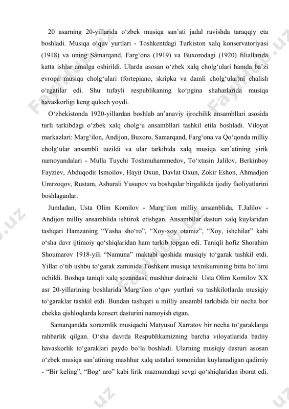‘quv yurtlari va tashkilotlarda musiqiy to‘garaklar tashkil etdi. bundan tashqari u milliy ansambl tarkibida bir necha bor chekka qishloqlarda konsert dasturini namoyish etgan. samarqandda xorazmlik musiqachi matyusuf xarratov bir necha to‘garaklarga rahbarlik qilgan. o‘sha davrda respublikamizning barcha viloyatlarida badiiy havaskorlik to‘garaklari paydo bo‘la boshladi. ularning musiqiy dasturi asosan o‘zbek musiqa san’atining mashhur xalq ustalari tomonidan kuylanadigan qadimiy - “bir keling”, “bog‘ aro” kabi lirik mazmundagi sevgi qo‘shiqlaridan iborat edi. shu bilan birga to‘garak dasturi yangi hayotni madh etuvchi qo‘shiqlar bilan to‘lib bordi. shunday qo‘shiqlardan biri noma’lum muallif tomonidan yaratilgan “fabrika” qo‘shig‘i edi. u bir necha variantda mavjud bo‘lib, katta mashhurlikka ega bo‘lgan. o‘zbek musiqa to‘garaklarining faoliyati o‘sha davrda yakkaxonlarga jo‘r bo‘luvchi an’anaviy milliy cholg‘u ansambllariga yaqinlashtirilgan. shuningdek alohida an’anaviy milliy cholg‘u ansambllari ham faoliyat ko‘rsatgan. o‘zbek badiiy havaskorlik to‘garaklarining dasturi ham qo‘shiq va cholg‘u kuylaridan iborat edi, “qari navo”, “ilg‘or”, “do‘st yalli-yalli”, “mirza davlat”, “usmoniya”, “rohat” kabi xushchaqchaq, quvnoq kuylar …