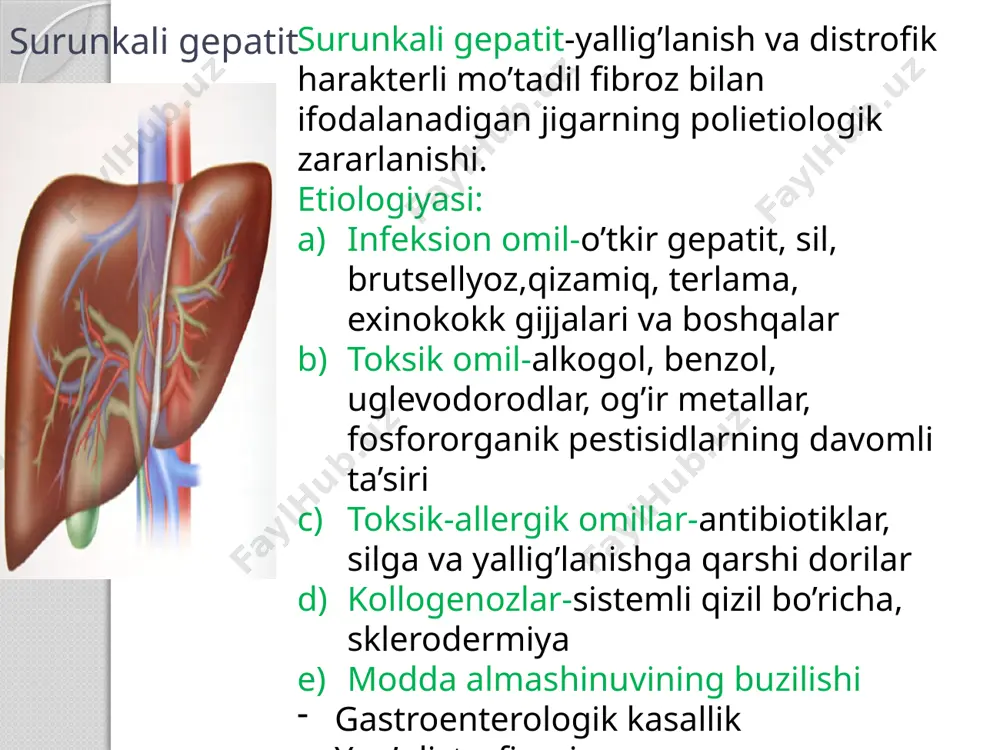 runkali xolestatik gepatit jigar ichidagi o’t yo’llarida o’t to’silishi (xolestaz) natijasida rivojlanadi va jigarning billiar sirrozi bilan yakunlanadi.klinik ko’rinishi terida va milklarda gemorragiya belgilari qichishish sarg’ayish harorat ko’tarilishi palmar eritemasi artralgiya davosi jigar hujayralarida modda almashinuvini yaxshilovchi dorilar (gepatoprotektorlar)b1, b6, b12, c vitaminlari, lipoid kislotasi, essensial forte, apkosul nekrozni to’xtatish, regeneratsiyani kuchaytirish maqsadida (glyutamin kislotasi), oqsil gidrolizatlari (aminopeptid, albumin) yallig’lanishga qarshi va immun tizimi faoliyatini yaxshilash uchun: glyukokortikoidlar (prednizalon, triamsinolon) aminoxolin hosilalari (delagil, plekvalin) jigar sirrozi biriktiruvchi to’qimaning diffuzli o’sib ko’payishi, jigar shakli arxitektonikasi va qon tomirlarning chuqur o’zgarishi, jigar faoliyati yetishmovchiligining ortishi va portal gipertenziyasi bilan ifodalanadigan surunkali jadallashuvchi kasallik. etiologiyasi: virusli gepatitning b,c, d turi surunkali faol gepatit surunkali alkogol intoksikatsiyasi alimentar omil-oqsil va vitaminlar taqchilligi parazitlar va gijjalar gepatoksik moddalar( margumush va fosfor birikmalari, pestisidlar, geliatrinlar) dori-darmonlarga sezuvchanlikning ortishi-toksik allergik gepatit o’t tutilishi (staz) tasnifi butunjahon sog’liqni saqlash uyushmasi jigar sirrozining jigardagi morfologik o’zgarishlarga asoslangan tasnifini taklif …