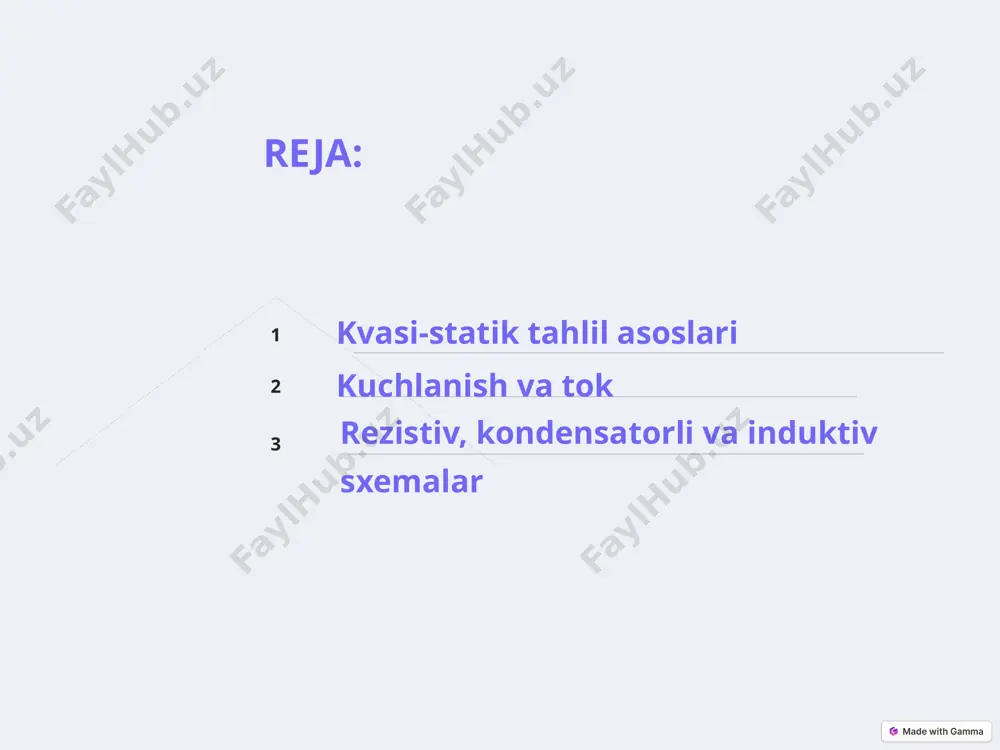 pleks sonlar va vektorlar yordamida hisoblash mumkin. 6 kuchlanish va tok tranzient rejimda 1 tranzient rejim tranzient rejim, elektron sxemalarni o'zgaruvchan holatdan doimiy holatga o'tishi davrida sodir bo'ladi. bu, masalan, kalitni yoqish yoki o'chirishda bo'ladi. 2 kuchlanish va tok hisoblash tranzient rejimdagi sxemalarda, kuchlanish va tokni differentsial tenglamalarni hal qilish orqali hisoblash mumkin. 7 barqaror va barqaror bo'lmagan hollar 1 barqaror hollar 2 barqaror bo'lmagan hollar 3 sistemani tahlil qilish elektron sxemalarning barqaror va barqaror bo'lmagan hollarini tahlil qilish, ularning ishlashini tushunish va muammolarni oldini olish uchun muhimdir. 8 kuchlanish va tokni hisoblashning amaliy usullari simulyatsiya elektron sxemalarni simulyatsiya qilish dasturlari, kuchlanish va tokni aniqlash uchun ishlatilishi mumkin. o'lchov asboblari o'lchov asboblari, masalan, multimetrlar va o'lchagichlar, kuchlanish va tokni o'lchash uchun ishlatilishi mumkin. matematik hisoblash ohm qonuni va kirchhoff qonunlari kabi matematik formulalar yordamida kuchlanish va tokni hisoblash mumkin. 9 rezistiv, kondensatorli va induktiv sxemalar rezistiv sxemalar rezistiv sxemalarda, kuchlanish …
