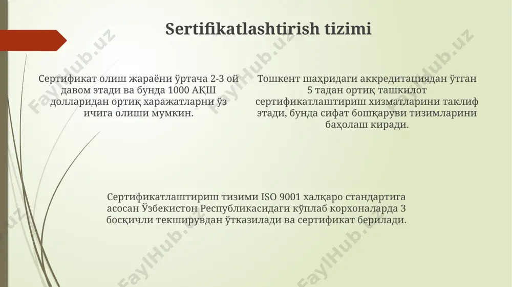 sidan topish mumkin. iso 9001 standarti bo'yicha malumotlarni jahon standartlashtirish tashkiloti (iso) veb-saytidan, shuningdek, 100 dan ortiq milliy standartlashtirish tashkilotlari, masalan, o'zbekiston standartlashtirish, metrologiya va sertifikatlashtirish agentligi (uzstandart) saytlaridan topish mumkin. standartlarni qo'llash sohalari qurilish sohasida, masalan, 5000 kvadrat metr maydondagi binolarni loyihalashda, gost va snip standartlariga muvofiq qurilish materiallari va texnologiyalarining tanlanishi muhim ahamiyat kasb etadi. iso 9001 standarti 200 dan ortiq mamlakatda, jumladan o'zbekiston, rossiya va aqshda sifat menejmenti tizimlarini yaratish va sertifikatlashtirishda keng qo'llaniladi. avtomobilsozlik sanoatida, xususan germaniyada ishlab chiqarilgan 3000 dan ortiq turdagi avtomobillarni yig'ishda, xavfsizlik va ishonchlilik bo'yicha jahon standartlari talablari qat'iy bajariladi. standartlarga muvofiqlikni baholash европа ittifoqi mamlakatlarida, xususan germaniya va fransiyada, mahsulotlarning 80% dan ortig'i iec 60068 standartiga muvofiqligini tasdiqlovchi sinovlardan o'tadi. iso 9001 standartiga muvofiqlikni baholashda, o'zbekiston bo'yicha 2023-yilda 500 dan ortiq korxona sertifikatlashdan o'tdi, bu esa sifati yuqori mahsulotlar sonining oshishiga olib keldi. xalqaro standartlarga muvofiqlikni tekshirish jarayonida 3 bosqichli audit …