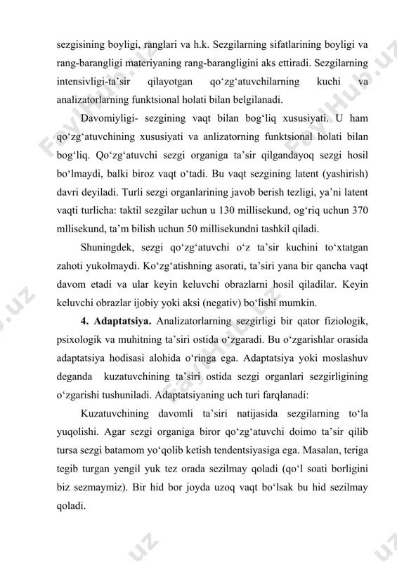 logik ahamiyati shundaki, u kuchsiz qo‘zg‘atuvchilar salbiy ta’siridan sezgi organlarini himoya qiladi. sezgi organlarining sezgirligi faqat qo‘zg‘atuvchilarning ta’siri ostida o‘zgarmaydi. sezgi organlarining o‘zaro ta’siri natijasida ham ularning sezgirligi oshadi. masalan, kuchsiz tovush ta’siri ostida turish analizatorning sezgirligi oshadi, kuchli tovush ta’siri ostida esa uning sezgirligi zaiflashadi. sensibilizatsiya. analizatorlarningo‘zaro munosabati va mashq qilish natijasida sezgirlikning kuchayishi hodisasiga sensibilizatsiya deyiladi. sezgilarning o‘zaro ta’siri ostida ularning sezgirligining oshishi ko‘zg‘alishining kontsentratsiyasi va irradiatsiya jarayonlari bilan tushuntiriladi. sinestizatsiya. qo‘zg‘atuvchining biron bir analiztorga ta’siri natijasida boshqa bir analizatorga xos sezgining paydo bo‘lishi senestizatsiya deyiladi. bunga «rangni eshitish» hodisasini misol qilib olish mumkin. фойдаланилган адабиётлар 1. каримов и.а. узбекистон буюк келажак сари. т., узбекистон, 1998. 2. каримов и.а. “маънавий юксалиш йўлида”. т., “ўзбекистон”, 1999. 3. каримов и. а. “ўзбекистон хх1 асрга интилмоқда”. т., “ўзбекистон”, 1999. 4. абдурахмонов ф. “қадимги шарқ мамлакатларида психологик фикрлар тараққиёти”. т., “ўзбекистон”, 1995. 5. абдурахмонов ф. “одамлар билан қандай мулоқотга киришиш ва ёндошиш …