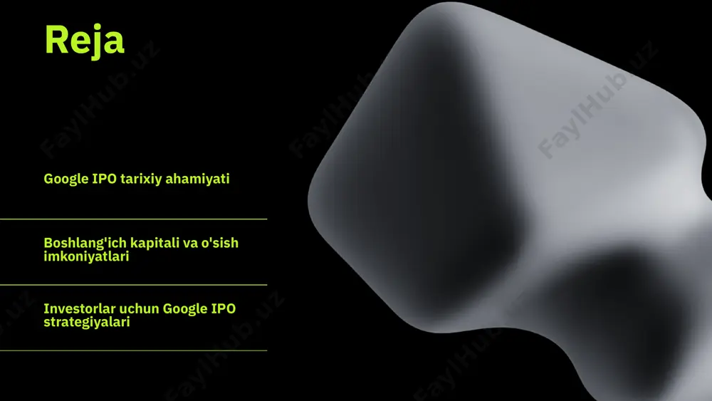a rivojlanishi uchun muhimdir. boshlang'ich kapitali kompaniyaning o'sishi va yangi bozorlar ochishida muhim rol o'ynaydi. google iposida boshlang'ich kapitalning roli google iposi (dastlabki omadga olish) jarayonida boshlang'ich kapital, kompaniyaning birinchi jamoasi va texnologiyalari uchun zarur bo'lgan mablag'ni ta'minladi. bu mablag' google'ning o'sishini tezlashtirishga yordam berdi va investorlar uchun yangi imkoniyatlar yaratdi. shuningdek, boshlang'ich kapital investorlar ishtirokini jalb qilishda ham muhim ahamiyatga ega. google ipo o'sish imkoniyatlari google ipodan keyin kompaniya o'sish imkoniyatlari juda keng. yangi texnologiyalar va xizmatlar orqali global bozorga kirish imkoniyatlari mavjud. investorlar uchun bu o'sish strategiyalaridan foydalanish, kompaniya rivojlanishini kuzatish va yangi investitsiya imkoniyatlarini aniqlash muhimdir. o'sish strategiyalari orasida: - yangi mahsulotlar ishlab chiqish, - mavjud xizmatlarni takomillashtirish, - yangi bozorlarni o'zlashtirish. google, masalan, sun'iy intellekt va bulutli hisoblash sohalarida o'sishni davom ettirishi mumkin. google iponing bozor o'sishiga ta'siri ham muhim rol o'ynaydi. investorlar kompaniyaning muvaffaqiyati va innovatsion g'oyalari orqali bozorning umumiy rivojlanishiga hissa qo'shmoqda. bu esa, …