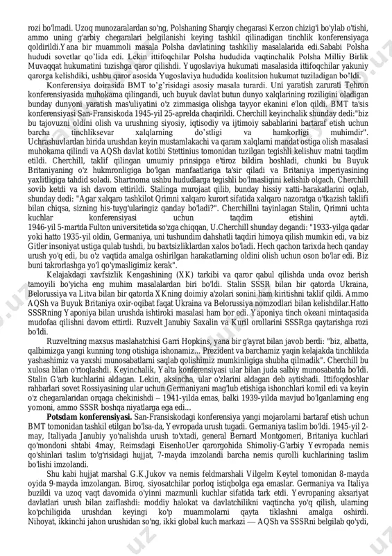 i. konferensiyada germaniyani bosib olish va uni nazorat qilish masalasi ham muhokama qilindi. sssr germaniyaning sharqiy qismini, angliya - shimoli-g'arbiy qismini, aqsh - janubi-g'arbiy qismini nazorat qilish to'g'risida qaror qabul qilindi. ittifoq kuchlari fransiyani germaniya ishg'ol qilish ishlarigataklif qilishdi. berlinning hududi uchta ittifoq kuchlari tomonidan nazorat qilinadigan bo’ldi. germaniyaga nisbatan kelishilgan siyosatni amalga oshirish uchun poytaxtda germaniyada oliy hokimiyat vazifalariga ega bo'lgan markaziy nazorat komissiyasini tuzish to'g'risida qaror qabul qilindi. uning tarkibiga sssr, aqsh va angliya qurolli kuchlari bosh qo'mondoni germaniya hududiga kirishi kerak edi. hukumat rahbarlari to'lovlarni qaytarish to'g'risida qaror qabul qilishdi: germaniya urush paytida ittifoq davlatlariga yetkazilgan zararni qoplashi kerak. tovon-birinchi navbatda, urushning asosiy yukini ko'targan, eng katta yo'qotishlarga duch kelgan va dushman ustidan g'alaba qozongan mamlakatlar tomonidan olinishi kerak. bundan tashqari, uch shaklda olinadi: mamlakatning milliy boyliklaridan (uskunalar, dastgohlar, kemalar, korxonalar aktsiyalari) germaniyani taslim qilish uchun ikki yil davomida bir martalik pul mablag'lari - bu pul mablag'lari …