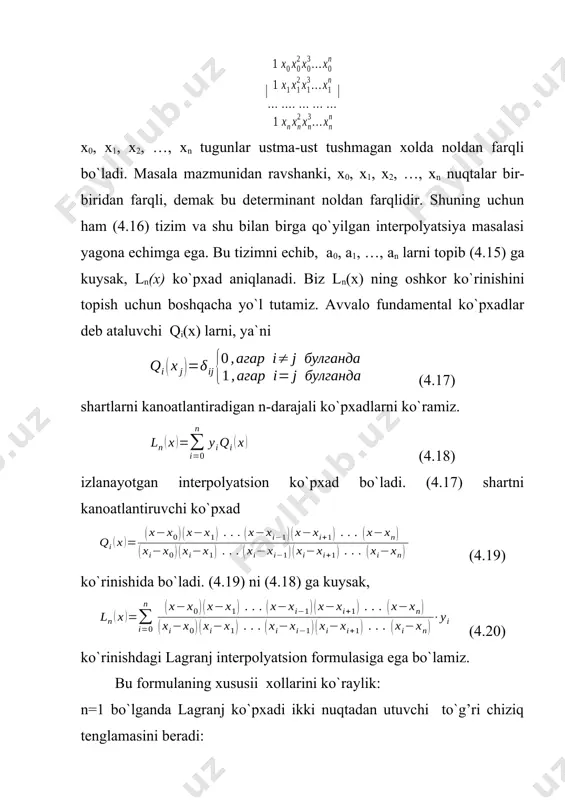ning qiymatlari ma`lum bo`lsa, lagranjning interpolyatsiey formulasi yordamida 1n100,5 ni qanday aniqlikda kisoblash mumkin? echish. lagranj interpolyatsion formulasining koldik xadi, agar n=3 bo`lsa, quyidagi ko`rinishga ega bo`ladi: bizning xolda x0=100, x1=101, x2=102, x3=103, x=100,5; 100<<100,5. chunki f(x) = ln x u xolda . shunday kilib, 2. ekstrapolyatsiya ekstrapolyatsiya. ekstrapolyatsiya, ya`ni argumentning jadvaldagi qiymatlaridan tashqari qiymatlarida funktsiyaning qiymatini topish masalasi ustida tuxtalib utamiz. ekstrapolyatsiyalash odatda, jadvalning bir-ikki kadami mikyosida bajariladi. chunki argu-mentning jadvaldagi qiymatidan o`zokrok qiymatida ekstrapolya-tsiyalanganda xato ortib ketadi. jadval boshida ekstrapolyatsiyalash uchun n’yutonning birinchi interpolyatsion formulasi qo`llanilib, jadval oxirida esa ikkinchisi qo`llaniladi. interpolyatsion ko`p-xadning tartibi odatda jadvalning amaliy o`zgarmas ayirmalar-ining tartibiga teng kilib olinadi. misol. 4.6-jadvaldan foydalanib x=1,210 va x = 1,2638 nuqtalar uchun ko`pxadning ko`rinishi aniqlansin. 4.6-jadval; x y = f (x) yi 2 yi 3 yi 1,215 0,106044 7232 -831 95 1,220 0,113276 6395 -742 93 1,225 0,119671 5653 -649 93 1,230 0,125324 5004 -556 91 1,235 …