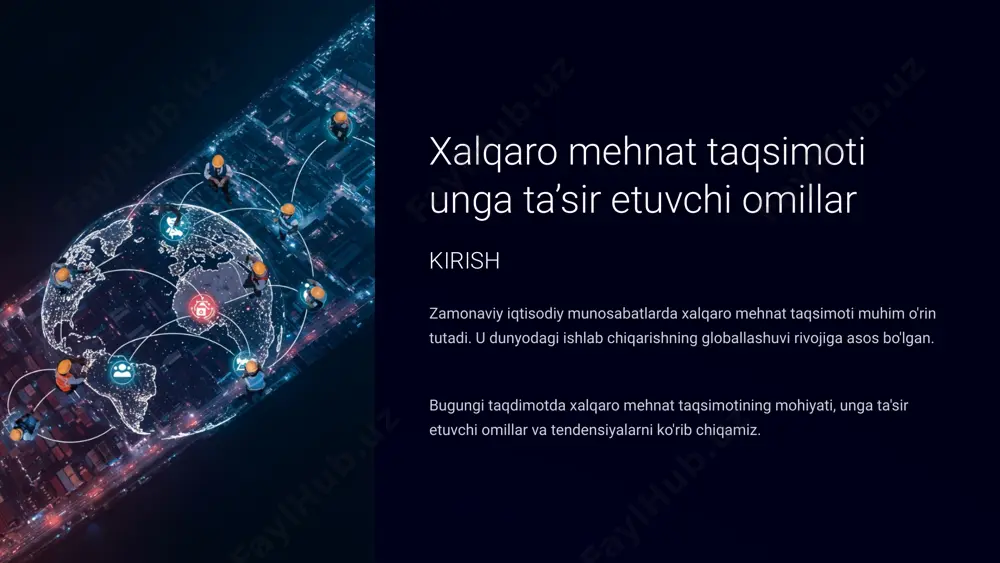 ezlashadi. global iqtisodiy o'sish jahon banki ma'lumotlariga ko'ra samaradorlik oshadi. 13 xalqaro mehnat taqsimoti bo'yicha amaliy misollar xitoy "dunyoning fabrikasi" sifatida $3,6 trln eksport hajmiga ega. germaniya avtomobil va mashinasozlikda yetakchi. bangladesh to'qimachilik sohasida global markaz hisoblanadi. 14 xalqaro mehnat taqsimotining rivojlanish tendensiyalari raqamli iqtisodiyot it xizmatlari va raqamli kontentning roli oshmoqda. reshoring pandemiya va geosiyosat ishlab chiqarishni qayta joylashtirmoqda. 2 ekologik omillar barqaror rivojlanish maqsadlari ixtisoslashuvga ta'sir qilmoqda. avtomatlashtirish robotlashtirish an'anaviy mehnat taqsimotini o'zgartirmoqda. 15 xulosa xalqaro mehnat taqsimoti bugungi kunda jahon iqtisodiyotining eng muhim haydovchi kuchlaridan biri sifatida e’tirof etiladi. bu jarayon orqali mamlakatlar o‘z resurslarini samarali taqsimlab, o‘zaro raqobatbardosh mahsulotlar ishlab chiqarish va global bozorga chiqish imkoniyatiga ega bo‘lmoqdalar. ayniqsa, sanoat, qishloq xo‘jaligi va xizmat ko‘rsatish sohalarida xalqaro kooperatsiya va ishlab chiqarish zanjirlari tobora murakkab va o‘zaro bog‘liq shaklga kirib bormoqda. bozor talabining tezkor o‘zgarishi, texnologik yangiliklar, raqamli iqtisodiyotning jadal rivojlanishi ushbu jarayonni jadallashtirib, har bir mamlakatni …