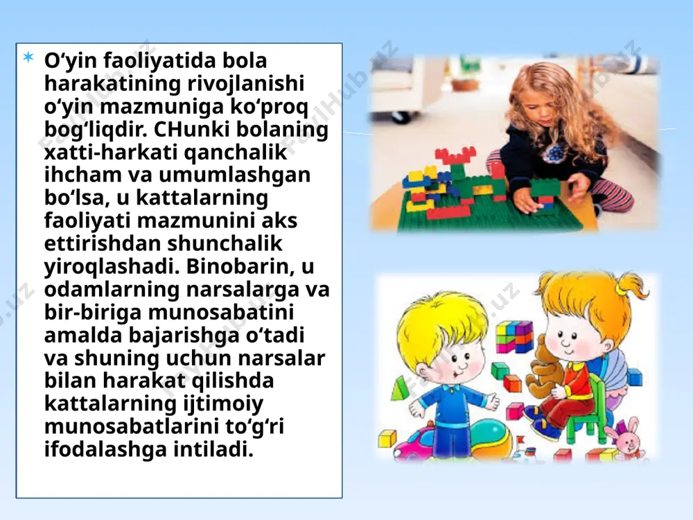 qiladigan syujet va rollardan tarkib topadi, ular buyum va narsalarning o`ziga xos qo`llanilishini o`z ichiga oladi. o`yin syujeti bir-biriga hayotiy aloqador bo`lgan qator voqealarning yig`indisidir. syujetda o`yinning mazmuni ochiladi-voqealar ishtirokchilari bilan bog`liq bo`lgan xarakatlar va munosabatlar ifodalanadi. qoidali o’yin turlari didaktik o’yinlar harakatli o’yinlar musiqiy o’yinlar qoidali o`yinlar kattalar tomonidan yaratiladi va bola hayotiga olib kiritiladi. mazmuni qoidalarining murakkabligiga qarab, ular turli yoshdagi bolalarga mo`ljallangan bo`ladi. tayyor qoidali o`yinlarning katta guruhni xalq o`yinlari tashkil etadi, ularning ko`plari avloddan avlodga o`tib, bizga etib kelgan. qoidali o`yinlar o`yinning bola tarbiyasidagi ahamiyati o`tmish va hozirgi zamonning ko`plab pedagogik sistemalarida tadqiq etilgan. ko`pchilik pedagoglar o`yinni bola uchun juda jiddiy va muhim faoliyat sifatida baholaydilar. bola tarbiyasida o`yinning ikki yo`nalishi tarkib topgan: 1) o`yindan bolani har tomonlama uyg`un rivojlantirish maqsadida foydalanish; 2) o`yindan didaktik maqsadlarda foydalanish. didaktik o'yinlar narsa va o’yinchoqlar bilan o’ynaladigan o’yinlar. stol ustiga qo’yib o’ynaladigan o’yinlar. og’zaki didaktik o’yinlar. shunday qilib, o`yin …