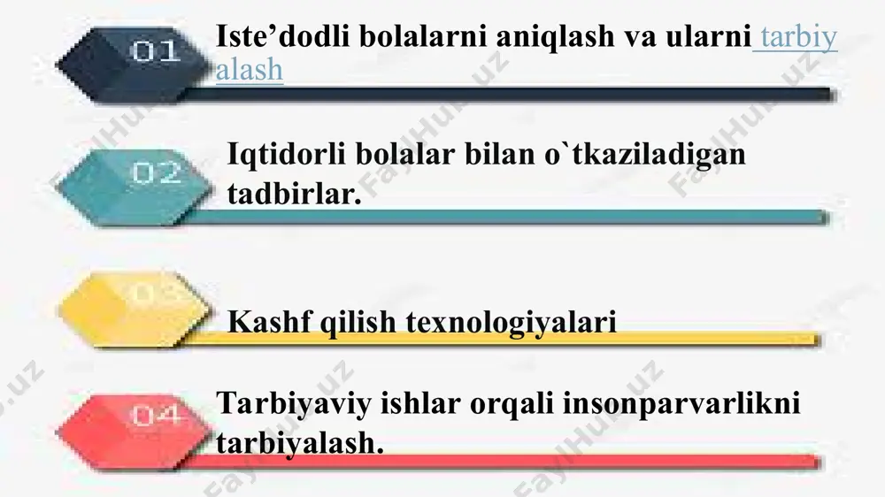 uqur bilim berish, qobiliyatini rivojlantirish, iqtidorini o‘stirish ishlari tobora rivojlanmoqda. bolalarning qobiliyati, iste’dodini rivojlantirish uchun ixtisoslashgan maktablar va sinflar tashkil etilgan. iqtidorli o‘quvchilarning aksariyati san’atga, she’riyatga, musiqaga, sportga qiziqadi. shuning uchun fan va yo‘nalishlar bo‘yicha to‘garaklar faoliyat ko‘rsatmoqda. iqtidorli bolalarni qobiliyatiga qarab musiqa maktablari, sport maktablari, san’at studiyalari, ijodiyot klublari va saroylari, kutubxonalarga jalb etish shu kunning dolzarb vazifalaridan bo‘lib turibdi. o‘zbekıston respublıkası vazırlar mahkamasınıng “o‘zbekıston ıqtıdorlı yoshlarını taqdırlash va moddıy rag‘batlantırısh to‘g‘rısıda” gi 2008-yil 13-oktabr, 226-son qarori o‘zbekıston respublıkası prezıdentınıng “yoshlarnı ma’navıy-axloqıy va jısmonıy barkamol etıb tarbıyalash, ularga ta’lım-tarbıya berısh tızımını sıfat jıhatıdan yangı bosqıchga ko‘tarısh chora-tadbırları to‘g‘rısıda” 2018-yil 14-avgust, pq-3907-son qarori o‘zbekıston respublıkası vazırlar mahkamasınıng “iste’dodlı yoshlarnı qo‘llab-quvvatlash “ulug‘bek” jamg‘arması faolıyatını rıvojlantırısh chora-tadbırları to‘g‘rısıda” 2022-yil 18-yanvar, 30-son qarori o‘zbekıston respublıkası prezıdentınıng “prezıdent ta’lım muassasaları agentlıgı tızımıdagı ıxtısoslashtırılgan maktablar tarmog‘ını kengaytırısh to‘g‘rısıda” gi 2022-yil 14-aprel, pf-106-son farmoni ma’lumki, har bir sinflarda iqtidorli bolalar bor. o‘qituvchilar, sinf rahbari ulardan guruhlar …