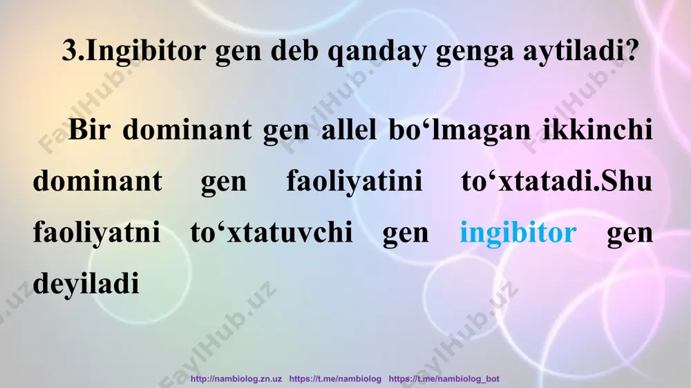http://nambiolog.zn.uz https://t.me/nambiolog https://t.me/nambiolog_bot 3 ta dominant belgili formalar f2da olingan 960 ta avlodning necha qismini tashkil etadi p a1 a1 a2 a2 x a1 a1 a2 a2 g a1a2 a1a2 a1a2 a1a2 a1a2 a1a2 a1a2 a1a2 http://nambiolog.zn.uz https://t.me/nambiolog https://t.me/nambiolog_bot a1 a2 a1 a2 a1 a2 a1 a2 a1 a2 a1a1 a2a2 a1a1a2a2 a1a1a2a2 a1a1a2a2 a1 a2 a1a1a2a2 a1a1a2a2 a1a1a2a2 a1a1a2a2 a1 a2 a1a1a2a2 a1a1a2a2 a1a1a2a2 a1a1a2a2 a1 a2 a1a1a2a2 a1a1a2a2 a1a1a2a2 a1a1a2a2 * 3 ta dominant belgili formalar, ya’ni 17 sm li o‘simliklar biz yechgan masalada 16 ta avloddan 4 tasini tashkil qildi. bu ¼ qismni tashkil etdi. f2 da oilngan 960 ta o‘simlikning ¼ qismi 3 ta dominant genli o‘simlik olindi 960:4 =240 ta o‘simlik aaaa=5+5+5+2=17 http://nambiolog.zn.uz https://t.me/nambiolog https://t.me/nambiolog_bot uyga vazifa tayanch so‘zlarga ta’rif yozish va yod oilsh qovoq mevasining oq rangi-a, sariq ragi – b, yashil rangi – b gen bilan ifodalanadi. a gen dominant ingibitor vazifasini bajaradi.quyidagi …