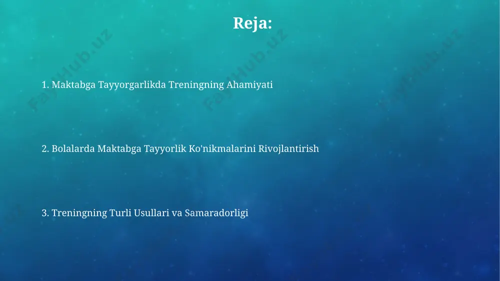 atik va til ko'nikmalarini rivojlantirishga yordam beradi, bu esa maktab o'quv dasturiga muvaffaqiyatli moslashish imkonini beradi. maktabga tayyorgarlikdagi trening bolaning ijtimoiy moslashuvini 2-3 yoshdan boshlab rivojlantiradi, bu esa o'qishga kirish jarayonini osonlashtiradi va stressni kamaytiradi. erta bolalik davri rivojlanishi va maktabga tayyorgarlik erta bolalik davrida nutq rivojlanishining 3 yoshga kelib kamida 50 so'zni tushunishi va 20 ta so'zni ishlatishi maktabga muvaffaqiyatli moslashish uchun muhim ahamiyatga ega. maktabga tayyorgarlik jarayonida bolaning diqqatini 15-20 minut davomida jamlash qobiliyatini rivojlantirish, xotira va fikrlash jarayonlarini mustahkamlash juda muhim hisoblanadi. matematik tayyorgarlik va mantiqiy fikrlash matematik tayyorgarlikda 5 yoshgacha bo'lgan bolalar uchun raqamlarni aniqlash, sonlarni taqqoslash va oddiy qo'shish/ayirish amallarini o'rgatish muhim hisoblanadi, bu ularning mantiqiy fikrlash qobiliyatini rivojlantiradi. bolalarda mantiqiy fikrlashni rivojlantirish uchun geometrik shakllarni, ranglarni va hajmlarni farqlash bo'yicha o'yinlar va mashqlarni muntazam bajarish kerak, bu ularning 3 o'lchovli tasavvurini rivojlantiradi. maktabga muvaffaqiyatli moslashish uchun tavsiyalar bolani maktabga tayyorlashda ijtimoiy ko'nikmalarni rivojlantirishga e'tibor …