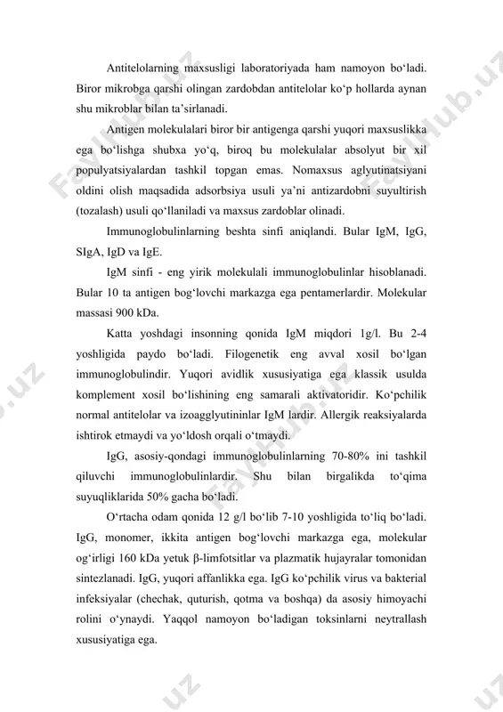 tabiiy va immun antitelolar farq qilinadi. tabiiy antitelolar organizmga antigen kiritilmasdan mavjud bo‘lgan. odamlarda 1-qon guruhidagi izogemagglyutininlar bo‘nga misol bo‘ladi. ular ii-iv qon guruhidagi eritrotsitlarning a va v antigenlarga qarshi bo‘ladi. tabiiy va turga xos immunitetlarda hayvonlarda ayrim mikroblarga qarshi antitelolar mavjud bo‘ladi. immun antitelolar oldindan antigen kiritilgach qon zardobida aniqlanadi va yig‘ilib boradi. bu antitelolarning: · infeksiyaga qarshi antitelolar - organizmga mikrob, virus, zamburug‘, soddalilar, toksinlar kiritilganda paydo bo‘ladi; · noinfeksion antitelolar - noinfeksion agentlar bilan kontakt paytida paydo bo‘ladi. bularni ichida ksenogen (turga qarshi boshqa turlarni antitelolariga qarshi), allogen (tur ichida-bitta turning izoantigeniga qarshi) va autoantitelolar (organizmning o‘zining antigenlarga qarshi) turlari farqlanadi. fenomenologik namoyon bo‘lishiga qarab presipitatsiyalovchi, litik, agglyutinatsiyalovchi, komplement bog‘lovchi, neytrallovchi antitelolar farqlanadi. ikkita bog‘lanish markaziga ega bo‘lgan antitelolar (igg) to‘liq antitelolar deyiladi. monovalentli noto‘liq antitelolar ham mavjud bo‘lib, ular odatda bitta bog‘lanish qismiga ega bo‘ladi. bu antitelolar antigen bilan ta’sirlashganda serologik reaksiyalarda namoyon bo‘lmaydi. asosiy adabiyotlar …
