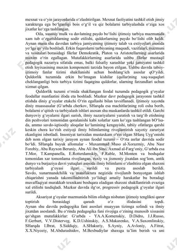 ayyorlash xamda maktabdan tashqari ta’lim kabi turlarga bo‘linadi. tarbiya nazariyasi – pedagogikaning muxim tarkibiy qismlaridan biri bo‘lib, tarbiya jarayoni mazmuni, shakl, metod, vosita va usullari, uni tashkil etish muammolarini o‘rganadi. tarbiya muayyan, aniq maqsad xamda ijtimoiy-tarixiy tajriba asosida yosh avlodni har tomonlama o‘stirish, uning ongi, xulq-atvori va dunyoqarashini tarkib toptirish jarayonidir. ijtimoiy tarbiya aqliy, axloqiy, jismoniy, mexnat, estetik, iqtisodiy, xuquqiy, ekologik va jinsiy tarbiya kabi yo‘nalishlarda tashkil etiladi. ijtimoiy tarbiya va uning bosqichlari. insoniyatning yashash uchun kurashish va turli tabiiy ofatlardan ximoyalanish yo‘lida olib borgan harakatlari tarbiya g‘oyalarining shakllanishiga asos bo‘lib xizmat qilgan. ibtidoiy jamoa tuzumida odamlarning gurux-gurux bo‘lib xayot kechirishi sababli bolalarga tirikchilik o‘tkazish yo‘lidagi faoliyat (o‘simlik mevalari, ildizlarini terish, xayvonlarni ovlash)ni tashkil etish borasidagi tajribalarni o‘rgatish gurux a’zolari tomonidan birdek amalga oshirilgan. bilimlar, aksariyat xollarda, mexnat va o‘yin jarayonlarida o‘zlashtirilgan. mexnat faoliyatini tashkil etish jinsiy xarakterga ega bo‘lganligi bois o‘g‘il va qiz bolalarni tarbiyalashda o‘ziga xos jixatlar ko‘zga …