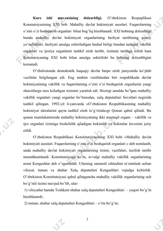 da bu institut mahalliy o’zini o’zi boshqarish deb atalsa, o’zbekistonda esa fuqarolarning o’zini o’zi boshqarishi deb ataladi. o’zbekiston respublikasi konstitutsiyasi qabul qilingach fuqarolarning o’zini o’zi boshqarish tizimining huquqiy zamini mustahkamlandi. konstitutsiyaning 127-moddasiga ko’ra, «shaharcha, qishloq va ovullarda, shuningdek, ular tarkibidagi mahallalarda hamda shaharlardagi mahallalarda fuqarolarning yig’inlari o’zini o’zi boshqarish organlari bo’lib, ular raisni saylaydi» shunday qilib fuqarolar yig’ini ma’lum muddatda to’planib ish yuritadigan o’zini o’zi boshqarish vositasi bo’lsa, rais, uning maslahatchilari doimiy faoliyat ko’rsatuvchi tuzilmadir. kurs ishi mavzusini o’rganilganlik darajasi: o’zbekiston respublikasi konstutsiyasining xxi bobini o’rganish davomida lex.uz saytidan foydalanamiz. kurs ishi maqsadi. konstitutsiyamizning xxi bobini sharhlash, mahalliy davlat hokimyati organlari hamda fuqarolarning o’zini o’zi boshqarish organlari tutgan o’rni va o’ziga xos jihatlari hamda shunga oid qonunosti hujjatlarni o’rganish. kurs ishi vazifalari quyidagilar etib belgilandi: · mahalliy vakillik organlari va ularning faoliyati · mahalliy ijro organlari va ularning faoliyati · fuqarolarning o’zini o’zi boshqarish organlari tashkil etish · fuqarolarning o’zini …