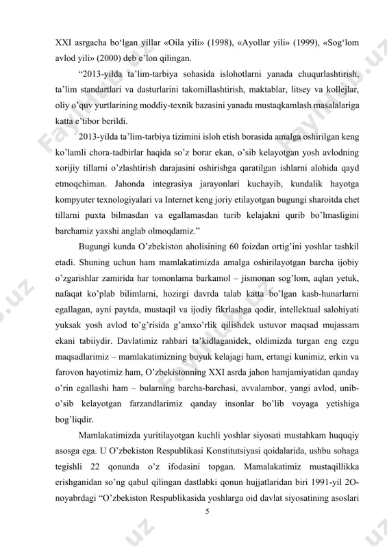 arbiyalashga, uni har tomonlama – jismonan, ma’nan va ruhan barkamol etib voyaga yetkazish uchun zarur shart-sharoitlarni yaratishga yo’naltirilgan. mustaqillik yillarida demokratik va bozor o‘zgarishlari talablariga mos ravishda ta’lim va kadrlar tayyorlash tizimida tub islohotlar amalga oshirildi. ushbu nihoyatda muhim sohadagi chuqur islohotlar prezidentimiz islom karimov tashabbusi bilan 1997-yil 29-avgustda qabul qilingan “ta’lim to‘g‘risida”gi qonun, ayni paytda ko‘lami, qamrovi va maqsadlariga ko‘ra o‘ta noyob kadrlar tayyorlash milliy dasturi asosida amalga oshirildi. mamlakatimizda ta’lim shaxs, jamiyat va davlatning iqtisodiy, ijtimoiy, ilmiy-texnik va madaniy ehtiyojlarini ta’minlaydigan ustuvor soha, deb e’lon qilingan. mavjud ta’lim muassasalarini davr talablarini hisobga olgan holda isloh qilishdan tashqari mdh davlatlarida o‘xshashi yo‘q yangi turdagi o‘quv yurtlari – kasb-hunar kollejlari va akademik litseylar tashkil etildi. shu tarzda iqtisodiyot va ijtimoiy sohaning barcha tarmoqlari uchun yuqori malakali, raqobatbardosh kadrlar tayyorlashga, yoshlarni ma’naviy-ahloqiy va har tomonlama ijodiy rivojlantirishga yo‘naltirilgan uzluksiz o‘quv-ilmiy-ishlab chiqarish ta’limining noyob yaxlit tizimi shakllantirildi. jahon tajribasini hisobga olgan holda, …