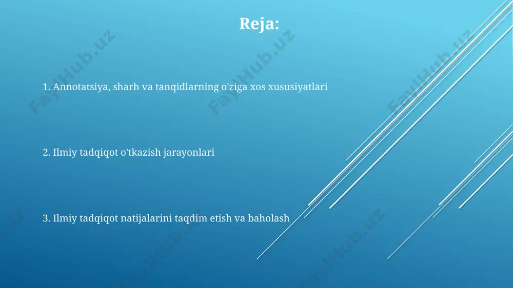annotatsiya, rezensiya va kritika o'rtasidagi farqlar kritika esa annotatsiya va rezensiyadan farqli ravishda, asosan 2-3ta asosiy nuqtaga e'tibor qaratib, chuqurroq tahlil va baholashni o'z ichiga oladi, masalan, 10 ta ilmiy nashrdan kamida 5 tasida uchraydigan kamchiliklarni ko'rsatadi. annotatsiya asosan matnning mazmunini qisqacha bayon qiladi (masalan, 100-150 so'z), rezensiya esa 3-5 bet atrofida bo'lib, ilmiy ishlarning sifatini baholaydi, masalan, toshkentdagi ilmiy jurnallarda. annotatsiya va rezensiya obyektiv bo'lishga intiladi, kritika esa subyektiv elementlarni ham o'z ichiga oladi va muallifning 1-2 ta asosiy fikriga qarshi dalillarni keltira oladi, hatto o'zining muqobil fikrlarini ham ifodalaydi. ilmiy tadqiqotlarda annotatsiya, rezensiya va kritikaning ahamiyati ilmiy tadqiqotlarda annotatsiya, 20 dan ortiq manbani tahlil qilish orqali, ma'lumotlarning to'liqligi va ishonchliligini oshirib, samarqanddagi olimlarga 5 foizga samaradorlikni yaxshilashga yordam beradi. kritika esa, 5 yildan ortiq tajribaga ega mutaxassislar tomonidan berilgan konstruktiv tanqidlar orqali, 15 ga yaqin ilmiy loyihaning sifatini yaxshilashga hissa qo'shadi va buxoro viloyatidagi tadqiqotchilar uchun muhim ahamiyatga …