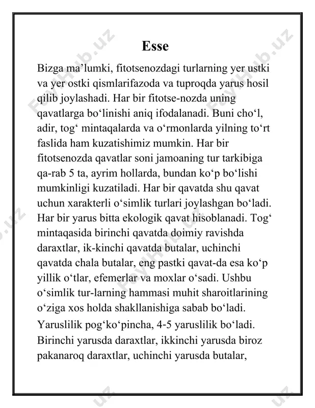 asining qavatliligi tuproqda boshqa turdagi o‘simliklar ildizining yaxshiroq o‘rnashishiga xalaqit qiladi. butalar yarusi. butalar yarusiga umumiy xarakteristika berishda ularning maydon birligi bo‘yicha tarqalish xarakteri va holati aniqlanib, so‘ngra shox-shabbalarning zichligi tekshiriladi. butalarning tur tarkibi, proektiv qoplami, mo‘lligi kabilar har bir tur uchun alohida ko‘rsatiladi. agar balandligi har xil butalar kuzatilsa, ularni kichik yarusga bo‘lib o‘rganish ham mumkin.onalik o‘rmon fitotsenozlarida aniq ko‘zga tashlanadi. nam angan davlat pedagogika instituti aniq v a tabiiy fanlar fakulteti bio - au - 23 guruhi talabasi to ’ ychiboyeva nozimaxonning geobotanika fanidan tayyorlagan mustaqil ishi. /docprops/thumbnail.emf namangan davlat pedagogika instituti aniq va tabiiy fanlar fakulteti bio-au- 23 guruhi talabasi to’ychiboyeva nozimaxonning geobotanika fanidan tayyorlagan mustaqil ishi.