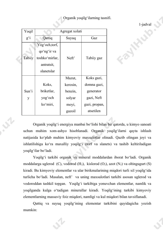 ishlab chiqarish korxonalaridan iborat. mustaqillik yillarida ko‘rilgan keskin tadbirlar natijasida neft qazib olish xajmi yuqori sur’atlarda o‘sdi. respublikaning neft mustaqilligi ta’minlandi. agregat holiga ko‘ra yoqilg‘i qattiq, suyuq va gaz yoqilg‘isiga, kelib chiqishiga yoki olinish usuliga ko‘ra tabiiy va sun’iy yoqilg‘iga bo‘linadi. (1-jadval). organik yoqilg‘ilarning tasnifi. 1-jadval yoqilg‘i agregat xolati qattiq suyuq gaz tabiiy yog‘och,torf, qo‘ng‘ir va toshko‘mirlar, antratsit, slanetslar neft’ tabiiy gaz sun’iy koks, briketlar, yog‘och ko‘miri, mazut, kerosin, benzin, solyar moyi, gazoil koks gazi, domna gazi, generator gazi, neft gazi, propan, atsetilen organik yoqilg‘i energiya manbai bo‘lishi bilan bir qatorda, u kimyo sanoati uchun muhim xom-ashyo hisoblanadi. organik yoqilg‘ilarni qayta ishlash natijasida ko‘plab muhim kimyoviy maxsulotlar olinadi. qazib olingan joyi va ishlatilishiga ko‘ra maxalliy yoqilg‘i (torf va slanets) va tashib keltiriladigan yoqilg‘ilar bo‘ladi. yoqilg‘i tarkibi organik va mineral moddalardan iborat bo‘ladi. organik moddalarga uglerod (c), vodorod (h2), kislorod (o2), azot (n2) va oltingugurt (s) kiradi. bu kimyoviy elementlar va …
