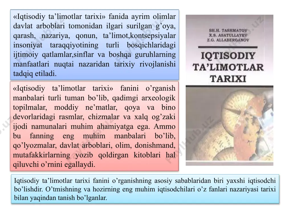 siyosiy iqtisod tarixi (1839) ” asarlarida aks etgan. antuan monkreten (1576—1621) tomas men (1571-1641) merkantilizm — jamiyatning boyligi puldan, oltindan iborat bo’lib, u savdoda, «asosan tashqi savdoda paydo bo’ladi va ko’payadi», deb tushuntiradi. merkantelizm — italyancha «mercante» so’zidan olingan bo’lib, «savdogar» ma’nosini anglatadi. bu oqimning namoyondalari uil stafford, tomas men, antuan monkreten, jon lou va boshqalar. fransua kene (1694-1774) fiziokratlar — jamiyatning boyligi qishloq xo’jaligida vujudga keladi degan g’oyani ilgari suradilar. bu ta’limotning asoschisi fransua kene (1694-1774) hisoblanadi. klassik siyosiy iqtisod - boylik faqat qishloq xo’jaligida emas, balki sanoat, transport, qurilish va boshqa sohalarda ham yaratilishini isbotlab berdi. u. petti (1623-1686) boylikning manbai er va mehnat ekanligini e’tirof etgan. «mehnat boylikning otasi, er uning onasi», degan ibora unga tegishlidir. a.smit (1723- 1790) «odamlar boyligining tabiati va sabablari to’g’risida tadqiqot» asarida talab va taklif asosida shakllanadigan erkin narxlar asosida bozor o’z-o’zini tartibga solishi («ko’rinmas qo’l») g’oyasini ilgari suradi. insonni faollashtiradigan asosiy …