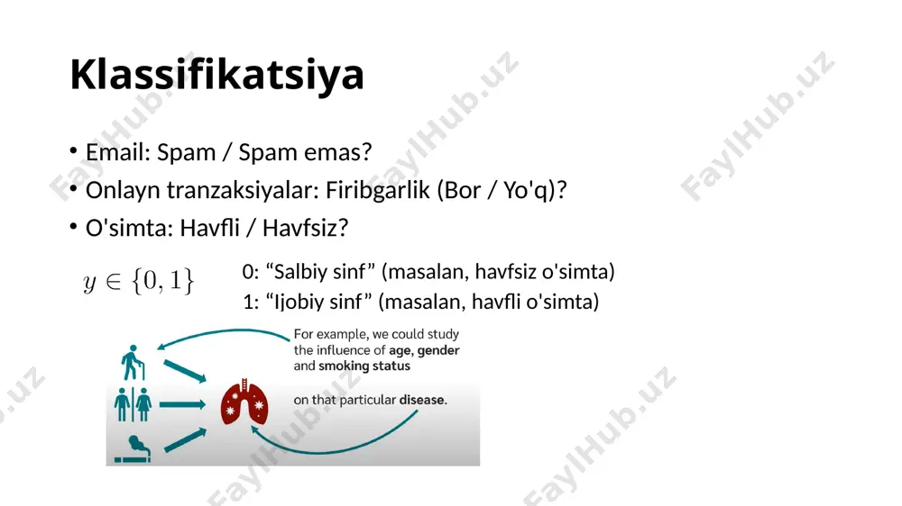 uchun yo'qotish funksiyasi logistik regressiya uchun yo'qotish funksiyasi θ parametrni tanlash kriteriyasi: yangi berilgan x uchun bashorat qilish: logistik regressiya uchun yo'qotish funksiyasi algoritmni optimallashtirish takrorlash (bir vaqtda larning hammasini yangilash) optimallashtiruvchi algoritmlar: birlashtiruvchi gradient (conjugate gradient) bfgs l-bfgs yutuqlari: parametr qiymatini qo'lda tanlash shart emas ko'pincha gradient tushishdan tezroq kamchiligi: murakkab bir nechta sinfli klassifikatsiya email papkalari (teglar): ishdan, do'stlar, oila, dam olish tibbiy diagnostika: sog'lom, shamollar, gripp ob-havo: quyoshli, bulutli, yomg'ir, qor x1 x2 x1 x2 binary classification: multi-class classification: x1 x2 bittasi va boshqalar: class 1: class 2: class 3: x1 x2 x1 x2 x1 x2 chalkashlik matritsasi (confusion matrix) polinomial regressiya polinomial regressiyada x mustaqil o‘zgaruvchisi va y bog‘liq o‘zgaruvchisi o‘rtasidagi bog‘liqlik n-darajali ko‘phad sifatida modellashtiriladi. polinomial regressiya polinomial regressiyada x mustaqil o‘zgaruvchisi va y bog‘liq o‘zgaruvchisi o‘rtasidagi bog‘liqlik m-darajali ko‘phad sifatida modellashtiriladi. polinomial regressiya optimal parametrlarni topish, yo'qotish funksiyalari chiziqli regressiya bilan bir xil ko'rinishda …