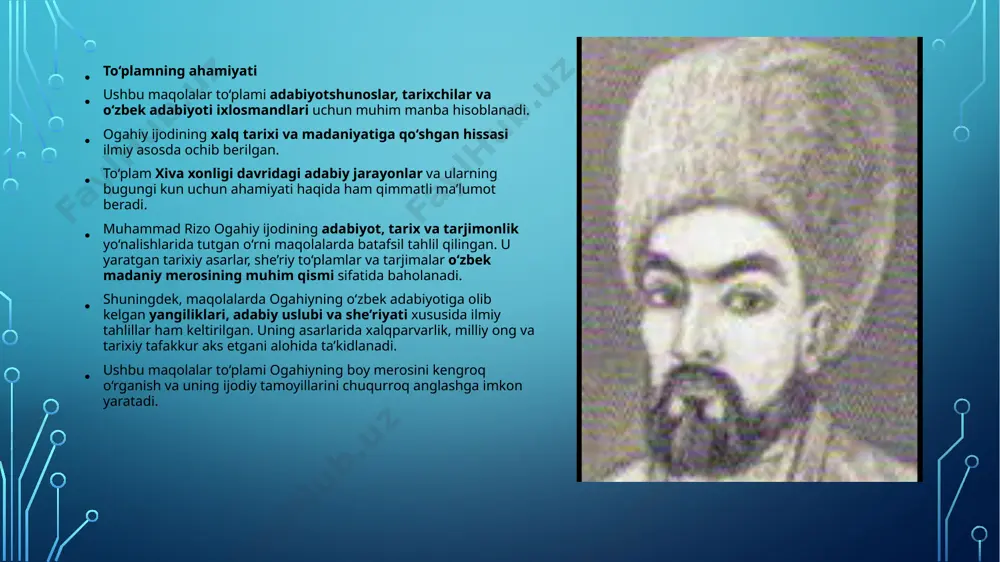 i. falsafiy mushohadalar shoir o‘z asarlarida hayot va o‘lim, baxt va iztirob, adolat va zulm kabi mavzularga falsafiy yondashadi. uning she’rlari insonning hayotdagi o‘rni, taqdir va qismat haqidagi chuqur mushohadalar bilan boyitilgan. 3. ijtimoiy masalalar ogahiy o‘z davridagi ijtimoiy muammolarni ham she’riyatida aks ettirib, adolat, haqiqat va insoniylikni ulug‘laydi. uning asarlarida xalq dardini his qilish, boshqaruv tizimidagi nohaqliklarni tanqid qilish kabi jihatlar ko‘zga tashlanadi. to‘plamning ahamiyati ushbu maqolalar to‘plami adabiyotshunoslar va tadqiqotchilar uchun muhim manba bo‘lib, ogahiy she’riyatining mazmun va uslub jihatdan o‘rganilishiga xizmat qiladi. shoirning badiiy mahorati, tuyg‘ularni ifodalash san’ati va mavzularining keng qamrovli ekani ilmiy asosda tahlil qilingan. to‘plam ogahiy ijodining zamonaviy adabiyotga ta’siri va uning g‘azallaridagi ruhiy-estetik yo‘nalishlarni o‘rganish uchun ham ahamiyatlidir. xulosa "ogahiy xazinasi – tuyg‘ular anjumani" maqolalar to‘plami shoirning she’riy merosini chuqur tahlil qilishga bag‘ishlangan muhim ilmiy tadqiqot hisoblanadi. unda ogahiyning ishqiy, falsafiy va ijtimoiy mavzulardagi asarlari tahlil qilinib, uning badiiy mahorati keng yoritilgan. ushbu …