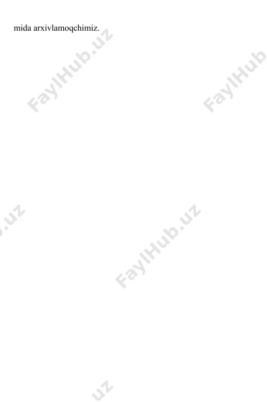 e, bz2, jar, iso) boshqaruvi? · yaxlit arxivlash, bunda siquv nisbati oddiy uslublarga qaraganda 10-50%ga oshadi, ayniqsa ko‘p sonli mayda va bir xildagi fayllarni si- qishda · ko‘p tomli arxivlar? · odatiy yoki tanlangan sfx modullar yordamida o‘zini-ajratuvchi (hamda ko‘p tomli) arxivlarni yaratish? · fizik zararlangan arxivlarni tuzatish? · ko‘p tomli arxivlarning yo‘qolgan tomlarini qayta quradigan tuza- tish tomlari? · fayl nomlarida unicode qo‘llash. fayllarni win rar qobiq uslubida arxivlash quyidagicha amalga oshiriladi. birinchidan, win rar ni oching. windows “start meny”dan ham ochish mumkin: “ programs”, keyin “ win rar “ga kirib “win rar”ni tanlab oching. win rar ochilganda joriy papkadagi fayllar va papkalar ro‘yxatini ko‘rsatadi. siz arxivlaydigan fayllar joylashgan papkaga borishingiz ke- rak. joriy diskni o‘zgartirish uchun ctrl +d ni bosing. kerakli fayllar mavjud papkaga kirgandan so‘ng, arxivlamoqchi bo‘lgan fayl va pap- kalarni tanlang. buni windows explorer yoki boshqa windows dasturlari- dagi kabi shift+ strelkalar yoki shift + sichqonning …