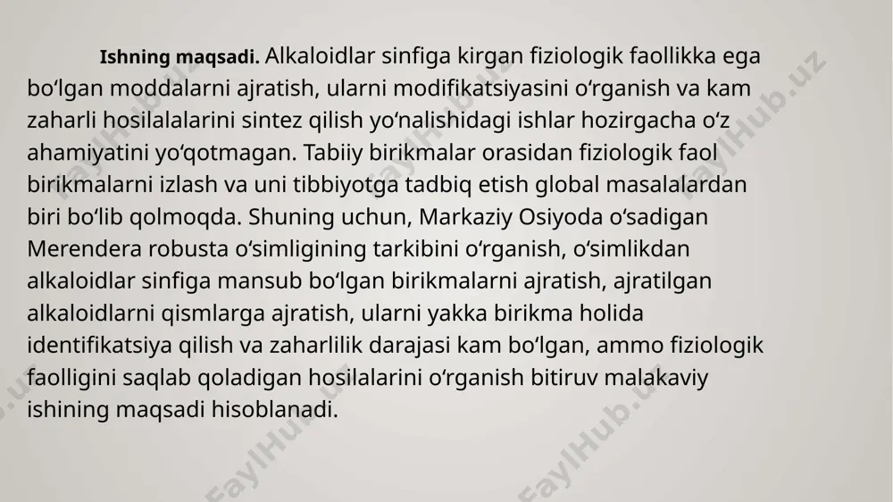obusta 1,0 kg gullari 5 litr 3% li sirka kislotasi eritmasi bilan ekstraksiya qilindi. kislotali ekstraksiya bir kun davom ettirilib, taxminan 3.6 l ekstrakt ajratib olindi. so‘ngra bu ish to‘rt kun davomida 3% li sirka kislotasining 4 litr (umumiy 16 l) eritmasi bilan olib borildi. natijada hammasi bo‘lib 23 l ekstrakt hosil qilindi. olingan ekstraktning muhiti suyultirilgan sulfat kislota (1:1) eritmasi bilan rn=1 gacha keltirildi (jami 0,4 l sulfat kislota sarflandi). so‘ngra uch martta, har biri 4 litrdan efir bilan yuvildi. kuchli kislotali muhitga ega bo‘lgan suvli ekstrakt to‘rt martta, har biri 4 litrdan iborat bo‘lgan xloroform bilan yuvildi va neytral hamda fenolli alkaloidlar yig‘masi ajratib olindi (ekstrakt a). sirka kislotali eritma sovutilib, 25% li ammiak eritmasi bilan (rn=8 bo‘lguncha) ishqoriy muhitga keltirildi va har biri 3 litrdan bo‘lgan xloroform bilan 5 marta ekstraksiyalandi. bunda asosli va fenol asosli tabiatga ega bo‘lgan alkaloidlar yig‘masi ajratib olindi (ekstrakt b). merendera robusta …