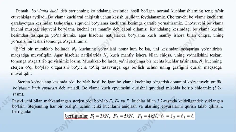 ib keltirish mumkin. demak, bunda birinchi bobda keltirilgan ichki kuch faktorlaridan faqat bittasi qoladi, ya’ni (3.1) bo’ylama kuchlar. demak, bo‘ylama kuch deb sterjenning ko‘ndalang kesimida hosil bo‘lgan normal kuchlanishlarning teng ta’sir etuvchisiga aytiladi. bo‘ylama kuchlarni aniqlash uchun kesish usulidan foydalanamiz. cho‘zuvchi bo‘ylama kuchlarni qaralayotgan kesimdan tashqariga, siquvchi bo‘ylama kuchlarni kesimga qaratib yo‘naltiramiz. cho‘zuvchi bo‘ylama kuchni musbat, siquvchi bo‘ylama kuchni esa manfiy deb qabul qilamiz. ko‘ndalang kesimdagi bo‘ylama kuchni kesimdan tashqariga yo‘naltiramiz, agar hisoblar natijalarida bo‘ylama kuch manfiy ishora bilan chiqsa, uning yo‘nalishini teskari tomonga o‘zgartiramiz. sterjen ko‘ndalang kesimda o‘qi bo‘ylab hosil bo‘lgan bo‘ylama kuchning o‘zgarish qonunini ko‘rsatuvchi grafik bo‘ylama kuch epyurasi deb ataladi. bo‘ylama kuch epyurasini qurishni quyidagi misolda ko‘rib chiqamiz (3.2-rasm). 3.2-rasm. 2. cho’ziluvchi (siqiluvchi) sterjen ko’ndalang kesimidagi kuchlanishlarni hisoblash tenglamalari. 3.3-rasm. shunday qilib, kuchlanishning ko‘ndalang kesim bo‘yicha tarqalish qonuni aniq bo‘lmaguncha (3.1) integral tenglamadan kuchlanishni aniqlab bo‘lmaydi, qaralayotgan masala statik aniqmas. kuchlanishning cheksiz ko‘p statik mumkin bo‘lgan epyuralaridan …
