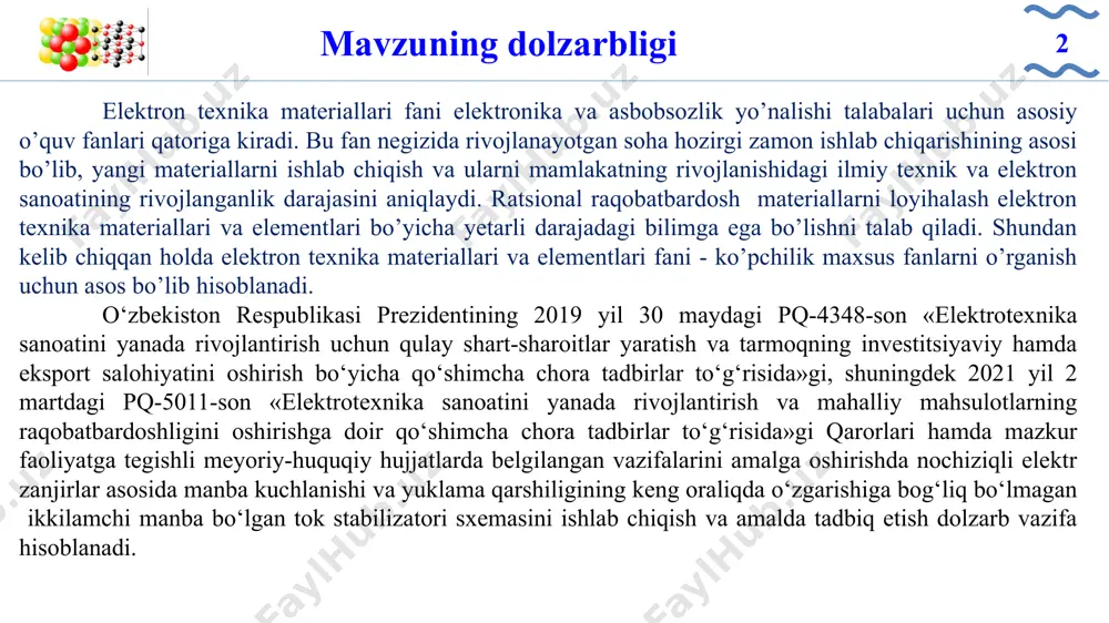 jismdir. temir, olmos, oyna, ko’mir, muz va h.k. qattiq jismlar tuzilishi, tarkibi, ularni tashkil etgan zarralari orasidagi o‘zaro ta’sir kuchlari, mexanik, elektr, magnit, optik va boshqa xossalari jihatidan turli guruhlarga bo‘linadi. masalan, elektr xossalari bo‘yicha qattiq jismlar yaxshi o‘tkazgichlar (metallar), yarimo‘tkazgichlar (bu atamani qo‘shib yozsa ham bo‘ladi), dielektriklar guruhlarini tashkil qiladi. magnit xossalari jihatidan esa diamagnit, paramagnit, ferromagnit, antiferromagnit va ferritlar deb ataladigan qattiq jismlar turlari mavjud. elektr xossalari bo‘yicha qattiq jismlar quyidagi turlarga bo‘linadi elektr xossalari bo‘yicha qattiq jismlar turlari 4 4 magnit xossalari bo‘yicha qattiq jismlar quyidagi turlarga bo‘linadi magnit xossalari bo‘yicha qattiq jismlar turlari 5 feromagnit paramagnit diamagnit qattiq jismlardagi nuqsonlar 6 6 qattiq jismlardagi nuqsonlar turlari 7 7 nuqtaviy nuqsonlar 8 kristall panjaraning nuqtaviy nuqsoni: 1-tugunlararo kirishma atom; 2-tugundagi kirishma atom vakansiya va tugundan chiqib qolgan xususiy atom jufti ham nuqtaviy nuqson hisoblanadi va frenkel jufti nomi bilan yuritiladi frenkel nuqsoni: vakansiya va tugundan chiqqan xususiy …