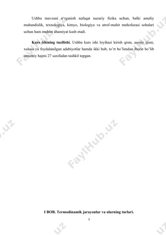 olga intiladigan har qanday temperatura t.da bosimga, zichlikka bogʻliq boʻlmagan eng oxirgi chegaraviy qiymatiga erishadi. 1911-yilda m. plank bu qonunni quyidagicha ifodalagan: temperatura mutlaq nolga intilganda tizim entropiyasi ham nolga intiladi. t. umumiy yoki fizik t.ga, t. qonunlarini issiqlik texnikasiga tatbiq qiluvchi texnik t.ga, t. qonunlarini kimyoviy va fizikkimyoviy jarayonlarga tatbiq qiluvchi kimyoviy t. ga, t. qonunlari yordamida qaytmas jarayonlarni oʻrganuvchi qaytmas jarayonlar t.siga boʻlinadi. molekulyar fizikaning makroskopik yoki mikroskopik jismlar to’plamidan iborat bo’lgan sistemaning xususiyatlarini va unda sodir bo’layotgan turli xil jarayonlarni, energiyaning bir turdan ikkinchi turga o’tishi va ular orasidagi munosabatlarni aniqlash orqali o’rganadigan bo’limi termodinamika deyiladi. biror moddaning bir butun energiyasi deganda – shu moddaning kinetik energiyasi bilan moddaning tashqi kuchlar maydonidagi potensial energiyasi hamda shu moddalarni tashkil etgan mikrozarrachalar ya’ni moddaning ichki energiyasi yig’indisi tushuniladi. har qanday moddaning molekulalari tartibsiz harakatda bo’lganligi sababli, molekulalar kinetik energiyaga ega bo’ladi molekulalar orasida tortishish va itarish kuchlari mavjudligi tufayli …
