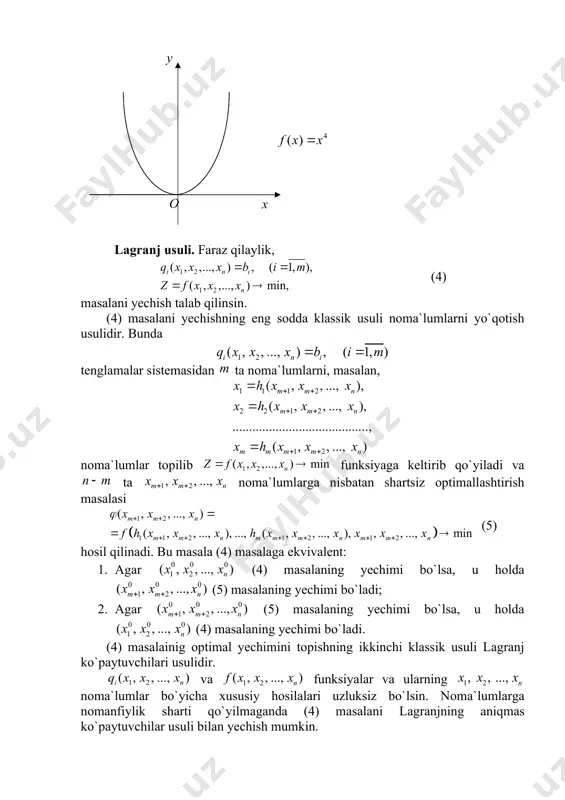 ng statsionar nuqtasini topamiz. so`ngra determinantni tuzamiz. agar embed equation.dsmt4 funksiyaning sharli minimum nuqtasi, agar embed equation.dsmt4 funksiyaning sharli maksimum nuqtasi. 4-misоl. lаgrаnj usulidаn fоydаlаnib, quyidаgi chiziqsiz programmalashtirish mаsаlаsi yеchilsin. yechish: lаgrаnj funksiyasini tuzаmiz: . bu funksiyadаn vа lаr bo`yichа хususiy hоsilаlаrni оlib, ulаrni nоlgа tеnglаymiz. nаtijаdа quyidаgi sistеmаgа egа bo`lаmiz sistеmаni yеchish nаtijаsidа bеrilgаn mаsаlаning оptimаl yеchimini аniqlаymiz: 5-misol. lagranj usulidan foydalanib quyidagi masalaning optimal yechimini toping. yechilishi: logranj funksiyasini topamiz. ushbu funksiyadan va bo`yicha xususiy hosilalar olib ularni nolga tenglaymiz. natijada quyidagi sistemaga ega bo`lamiz. demak nuqta funksiya uchun stasionar nuqta bo`ladi. ushbu nuqtani ekstremumga tekshirish uchun ikkinchi tartibli hosilalardan tuzilgan determinantni tuzamiz demak nuqtada z funksiya minimumga erishadi. (4) masalada funksiyalar o`zgaruvchili ikkitadan ko`p bo`lsa, u holda lokal ekstremum mavjudligining zaruriy sharti quyidagi tenglamalar sistemasidan iborat bo`ladi. (10) bu sistemadan statsionar nuqtani topamiz. masalaning shartli ekstremumining mavjudligi lagranj funksiyasining ikkinchi differensialini o`rganish bilan bog`liq: agar nuqtada bo`lib, …