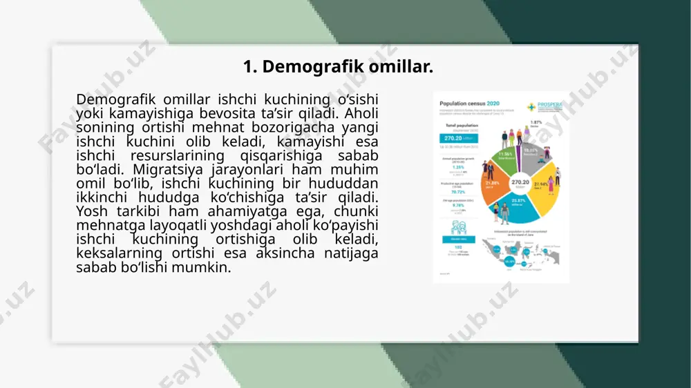 ivojlanishga e’tibor qaratish zaruratini yuzaga keltiradi. 3. texnologik rivojlanish. texnologik rivojlanish ishchi kuchining hajmi va tarkibiga sezilarli ta’sir ko‘rsatadi. yangi texnologiyalar ishlab chiqarish jarayonlarini avtomatlashtirishi natijasida ba’zi kasblar yo‘qolib, yangi mutaxassisliklarga ehtiyoj ortadi. sun’iy intellekt va robototexnika rivojlanishi qo‘lda bajariladigan ish hajmini kamaytirib, malakali ishchilarga bo‘lgan talabni oshiradi. uzoqdan ishlash imkoniyatlarining kengayishi mehnat bozorida geografik cheklovlarni kamaytirib, masofaviy bandlikni rivojlantiradi. texnologik rivojlanish ishchi kuchiga bo‘lgan talab va uning tarkibini o‘zgartiradi. ishlab chiqarishning avtomatlashtirilishi an’anaviy jismoniy mehnatga bo‘lgan ehtiyojni kamaytirib, malakali ishchilarga ehtiyojni oshiradi. axborot texnologiyalarining rivojlanishi masofaviy ishlash imkoniyatlarini kengaytirib, global mehnat bozorini shakllantiradi. innovatsion texnologiyalar yangi kasblarning paydo bo‘lishiga sabab bo‘lib, ishchi kuchining doimiy ravishda yangilanib borishini talab qiladi. raqamli transformatsiya ishlab chiqarish jarayonlarini tezlashtiradi va mehnat unumdorligini oshiradi, shu bilan birga, ba’zi kasblarning yo‘qolishiga ham olib keladi. texnologik rivojlanish mehnat bozori va ishchi kuchining strukturasiga katta ta’sir ko‘rsatadi. yangi texnologiyalar ishlab chiqarishning samaradorligini oshirib, ba’zi ishlarga bo‘lgan talabni …