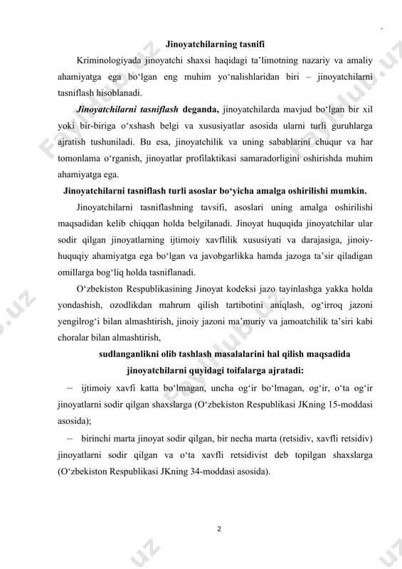 zalish yo‘liga kiritishni to‘g‘ri tashkil qilishni muvaffaqiyatli amalga oshirish vazifalarini bajarishga qaratilgan. shunga muvofiq bu sohada jinoyatchilar ijtimoiy demografik belgilari: yoshi, jinsi asosida jazo ni o‘taydigan muassasani aniqlash uchun guruhlarga ajratiladi. bundan tashqari jazo o‘tayotgan shaxslarni to‘g‘ri yo‘lga kiritish va tuzatish uchun ularga nisbatan ruhiy pedagogik ta’sir vositalarini tanlash maqsadida jinoyatchilarni sodir qilgan jinoyatlarining tavsifi va xavflilik darajasi, g‘ayriijtimoiy xulqining mustahkamligi, jazoni o‘tash jarayonidagi tuzalish darajasiga qarab tasniflash mumkin. kriminologik nuqtai nazardan, jinoyatchilarni tasniflash, avvalo, jinoyatchilikni tahlil qilish va uning ijtimoiy yo‘nalishlariga baho berish, bu salbiy hodisani oziqlantirib turuvchi manbalarni, muayyan jinoiy xatti-harakatning sababini aniqlashga, umumiy va yakka tartibda jinoyatlarning oldini olish faoliyatini yetarli darajada tashkil qilishga qaratilgan. jinoyatchilarni kriminologik tasniflash bu ularni o‘zida bevosita jinoiy xususiyatni saqlamaydigan va yakka tartibda profilaktik faoliyatni amalga oshirishda ahamiyatga ega bo‘lmagan belgilari asosida guruhlarga ajratishdir. tasniflashda jinoyatchilar asosan ijtimoiy-demografik belgilari, ijtimoiy maqomi va qisman jinoiyhuquqiy belgilari asosida guruhlarga ajratiladi. kriminologik tasniflash umumiy tartibda …