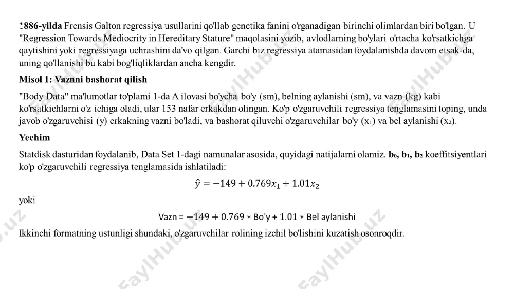 jalar, ularning eng yaxshi regressiya tenglamasi barcha to'rtta bashorat qiluvchi o'zgaruvchini ishlatishini ko'rsatadi, chunki bu kombinatsiya 0.7858 moslashtirilgan ni beradi. bo'yini bashorat qilishda oyoq izi dalillariga tayanish yaxshi fikr bo'lsa, biz quyidagi mantiqiy yondashuvdan foydalanamiz: yosh o'zgaruvchisini chiqarib tashlang, chunki jinoyatchilarni aniqlashda yosh kamdan-kam dalil bo'lib xizmat qiladi. oyoq o'lchami o'zgaruvchisini chiqarib tashlang, chunki bu deyarli yahlitlanganda ko'rinishdagi oyoq uzunligiga mos keladi. oyoq uzunligi va oyoq izi uzunligi qolgan o'zgaruvchilar uchun faqat oyoq uzunligidan foydalaning, chunki uning moslashtirilgan qiymati 0.7014 bo'lib, bu oyoq izi uzunligiga qaraganda biroz yuqoriroqdir (moslashtirilgan qiymati 0.6250). oyoq uzunligi va oyoq izi uzunligi uchun moslashtirilgan qiymatlari 0.7484 va ular ko'p farq qilmaydi, shuning uchun bir o'zgaruvchini ishlatish yaxshiroqdir. garchi birgina oyoq uzunligi o'zgaruvchisidan foydalanish yaxshi ko'rinsa-da, biz hali ham jinoyatchilar odatda bir xil poyabzal kiyishini, shuning uchun oyoq izi uzunligi oyoq uzunligiga qaraganda ko'proq topilishi ehtimoli yuqori ekanligini ko'ramiz. jadval 10-5 ma'lumotlar to'plamidagi data set #2 …