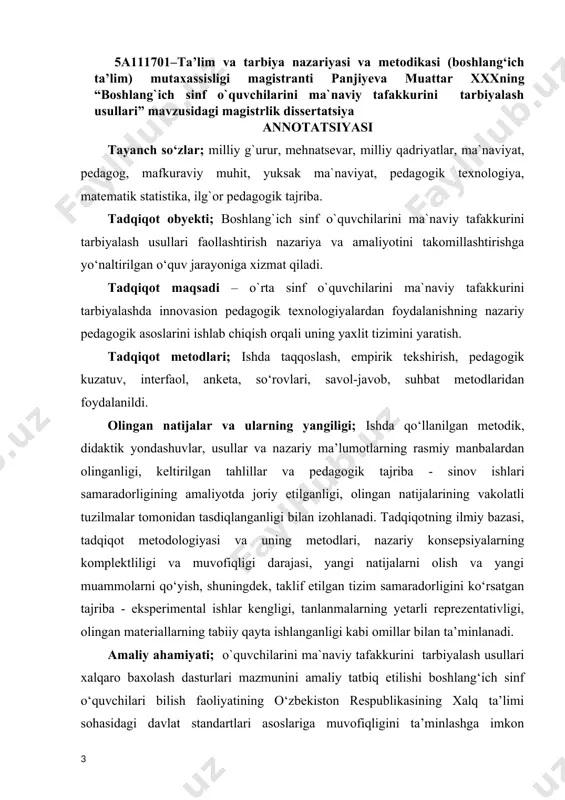 a о‘quvchilar о‘zlashtirish darajasini samaradorligini asoslovchi turli vositalarini qо‘llash ma’nosida takomillashtirish uchun qо‘llanishi mumkin. tadbiq etish darajasi va samaradorligi; tadqiqot ishi termiz davlat universiteti ilmiy-tadqiqot ishlari rejasi doirasida bajarilgan. ishlab chiqilgan xulosa va takliflar ushbu soha mutaxassisliklarining o‘quv jarayonida foydalanishga tavsiya etiladi. mazkur ishni manba sifati boshlang`ich ta`limning barcha o‘quv fanida qo‘llash tavsiya etiladi. qo‘llanish sohasi: oliy o‘quv yurtlari, pedagogik bilm yurtlari, o‘qish metodikasi bo‘yicha maxsus kurslari shuningdеk, umumiy o‘rta ta’limning boshlang‘ich sinflari. master's dissertation on "methods of educating the spiritual thinking of primary school students" annotation keywords; national pride, diligence, national values, spirituality, pedagogue, ideological environment, high spirituality, pedagogical technology, mathematical statistics, advanced pedagogical experience. object of research; the activation of methods of cultivating the spiritual thinking of primary school students serves the learning process aimed at improving the theory and practice. the purpose of the study; different levels of methods of cultivating the spiritual thinking of primary school …