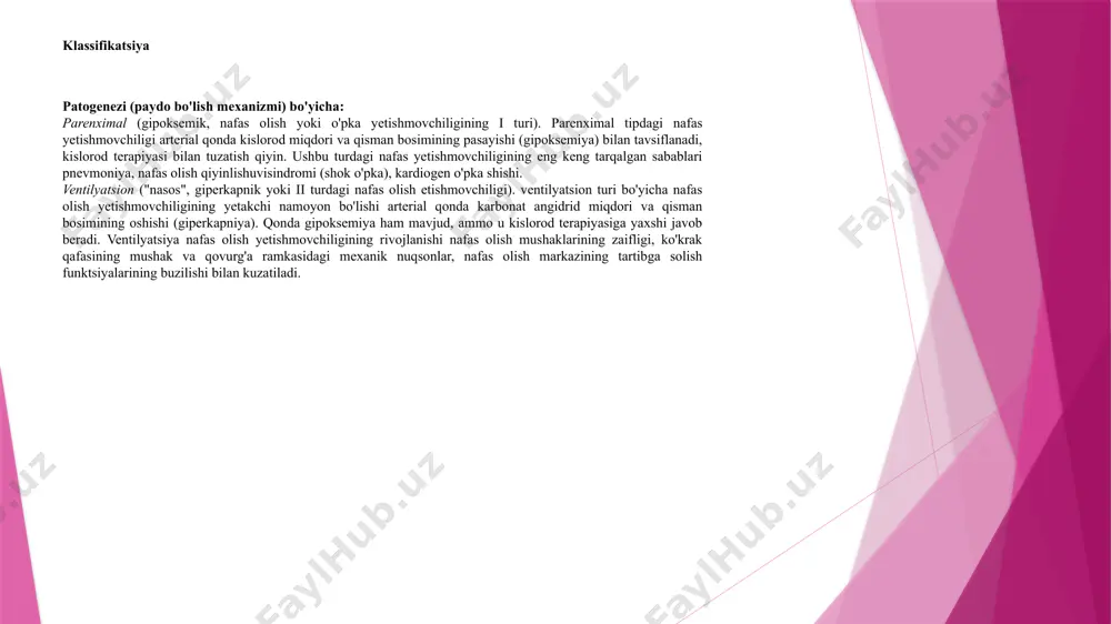 ob yoki burun kateteri orqali beriladi, koma holatida intubatsiya va o'pkaning sun'iy ventilyatsiyasi amalga oshiriladi. oksigenoterapiya bilan bir qatorda bronxlarning drenaj funktsiyasini yaxshilashga qaratilgan chora-tadbirlar amalga oshiriladi: antibakterial preparatlar, bronxodilatatorlar, mukolitiklar, ko'krak qafasi massaji, ultratovushli inhalatsiyalar, fizioterapiya mashqlari buyuriladi, endobronxoskop orqali bronxlar sekretsiyasining faol aspiratsiyasi amalga oshiriladi. o'pka yuragi bilan murakkablashgan nafas yetishmovchiligi bilan diuretiklar buyuriladi. nafas olish etishmovchiligini keyingi davolash uni keltirib chiqargan sabablarni bartaraf etishga qaratilgan. oldini olish kasallikning oldini olish uchun bemorlarga quyidagilar tavsiya etiladi: o‘pka kasalliklarini o‘z vaqtida davolash allergenlar va toksik moddalar bilan aloqani cheklash nafas gimnastikasini muntazam bajarish chekishdan voz kechish faol hayot kechirish