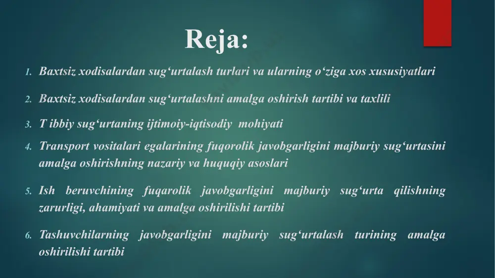 rli o‘simlik ta’sirida zararlanishi; tish sinishi. quyidagi hodisalarni ro‘y berishi oqibatida sug‘urtalangan shaxsning hayoti va sog‘lig‘iga shikast etkazilsa yoxud o‘limga olib kelsa sug‘urta summasi to‘lanmaydi: yadro portlashi; radiatsiya va nurlanish; sug‘urtalangan shaxsning atayin hatti-harakati natijasida baxtsiz hodisalar yuz berganda, o‘z joniga qasd qilganda va jinoiy harakatlar natijasida ro‘y berishi. fuqarolarni baxtsiz hodisalardan sug‘urtalashda sug‘urta summasi tomonlar kelishuviga asosan ixtiyoriy tarzda belgilanadi. bunda sug‘urta summasini belgilashning ikki xil usulini ko‘rish mumkin. biri – individual, ikkinchisi jamoa sug‘urtasi. agar sug‘urtalanuvchi bir necha kishilarga nisbatan sug‘urta shartnomasi tuzadigan bo‘lsa, umumiy sug‘urta summasi bitta sug‘urtalangan shaxsning sug‘urtalanishi kerak bo‘lgan kishilar soniga ko‘paytirilishi yo‘li bilan aniqlanadi 2.baxtsiz xodisalardan sug‘urtalashni amalga oshirish tartibi va taxlili bazaviy sug‘urta tariflari sug‘urtalovchi tmonidan mustaqil ishlab chiqiladi. alohida holatlarda sug‘urta mukofotining miqdorini aniqlashda sug‘urtalovchi bazaviy sug‘urta tariflariga nisbatan xatarning xususiy xorsslaridan kelib chiqqan holda ko‘tariluvchi va pasayuvchi koeffitsientlardan foydalnishga haqli.bir yildan ortiq bo‘lmagan muddatga tuzilgan sug‘urta shartnomari bo‘yicha sug‘urta mukofoti …