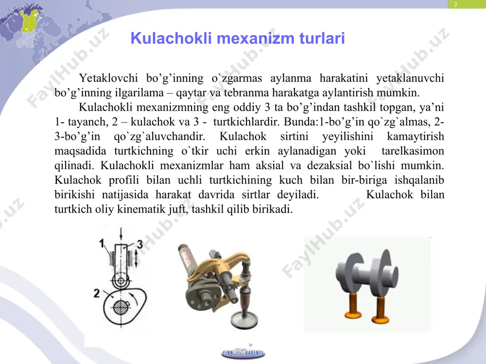 katta bo`lmaydi. buning uchun mexanizmning kinematmik sxemasini masshtabda chizib olamiz. kulachokni ω=cosnt burchak tezlikda aylantirilsa, turtkich ilgarilanma - qaytma harakat qiladi. shuni eotiborga olib kulachok profili bir xil kattalikda bir necha bo`laklara bo`linadi. 1-rasm * turtkichi o`tkir uchli aksial kulachokli mexanizmlarni loyihalash. turtkichning harakat qonuni va profilining shakli topilishi lozim bo`lgan kulachokning eng kichik radiusi bilan turtkichning maksimal ko`tarilishi oralig`i beriladi. kulachokli mexanizmni kinematik loyihalashda eng kichik radiusi (rmin) va turtkichning harakat qonuni tezlik, tezlanish yoki ko`chish s – t grafigi shaklida berilgan bo’ladi. agar harakat qonuni at – t grafigi shaklida berilgan bo`lsa 2 – marta, v- t grafigi shaklida bo`lsa 1 – marta grafik integrallab s – t grafigi hosil qilinadi. * b nuqtaning yo`l diagrammasini chizish uchun so t koordinata o`qlarini olib ot tomonni (abtsissalar o`qini) kulachok profili bo`lingan bo`laklar soniga teng bo`lakka bo`lamiz. so`ngra ordinatalar o`qiga os ga turtkich o`qidagi b nuqtaning bo1 b1 b2 ... …