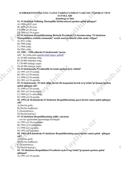 o‘zbekistonning eng yangi tarixi fanidan yakuniy nazorat test savollari — DOC