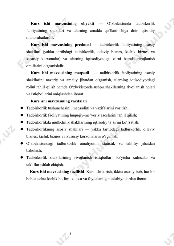 aromadni ko‘zlash, balki jamiyat uchun foydali mahsulot va xizmatlarni taqdim etish, yangi ish o‘rinlari yaratish, byudjetga soliq to‘lash orqali ijtimoiy barqarorlikni ta’minlash kabi vazifalarni ham o‘z ichiga oladi. shu sababli, tadbirkorlik faoliyati daromad orttirish bilan birga ijtimoiy va makroiqtisodiy funksiyani ham bajaradi. tadbirkorlikning yana bir muhim jihati — bu tashabbuskorlikdir. har bir tadbirkor o‘z faoliyatini yo‘lga qo‘yishda bozorga tahlil asosida kiradi, mahsulot yoki xizmat tanlaydi, ishlab chiqarish vositalarini aniqlaydi, ishchi kuchini jalb etadi, moliyaviy risklarni baholaydi va boshqaradi. demak, tadbirkorlik — bu nafaqat oddiy savdo yoki xizmat ko‘rsatish, balki murakkab boshqaruv, rejalashtirish, moliyalashtirish va nazorat jarayonidir. tadbirkorlikning asosiy vazifalari quyidagilardan iborat: 1. bozor ehtiyojini o‘rganish va uni qondiruvchi mahsulot yoki xizmat ishlab chiqish tadbirkorlikning asosiy boshlang‘ich nuqtasi bu — bozor ehtiyojlarini o‘rganishdir. har bir tadbirkor bozorda talab yuqori bo‘lgan mahsulot yoki xizmatni aniqlashi va aynan shu ehtiyojni qondirishga qaratilgan ish yuritishi kerak. bu uchun marketing tadqiqotlari, raqobatchilar tahlili, mijozlar fikri …