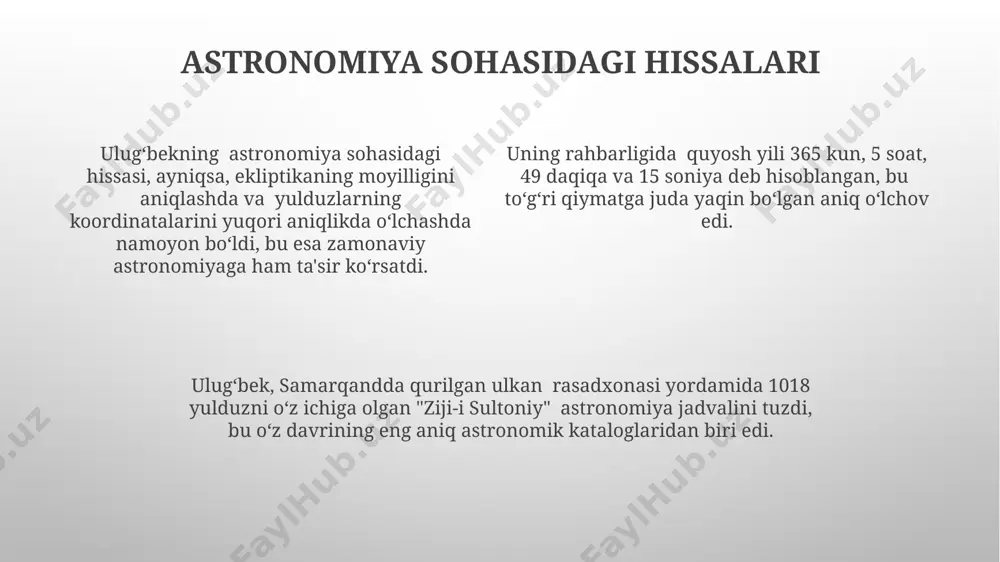 z davrining eng yirik ilmiy markazi boʻlib, 500 dan ortiq talaba va olimlarni birlashtirgan, astronomiya, matematika va boshqa fanlarning rivojiga ulkan hissa qoʻshgan. ulugʻbekning “ziji-i sultoniy” astronomik jadvali 1000 yildan ortiq vaqt davomida astronomiya sohasida asosiy manba boʻlib xizmat qilgan va zamonaviy astronomiyaga ham ta’sir koʻrsatgan. ulugʻbekning ilmiy ishlari ulugʻbekning “ziji-i sultoniy” asari 1018 yulduzning koordinatalarini aniq oʻlchovlar bilan, taxminan 0,5 darajagacha aniqlikda keltiradi, bu oʻsha davr astronomiyasi uchun ajoyib yutuq hisoblanadi. ulugʻbekning matematik va astronomik jadvallari yevropa olimlari tomonidan xv asrdan keyin koʻp yillar davomida foydalanilgan va trigonometriya rivojiga sezilarli hissa qoʻshgan. uning rahbarligida samarqand rasadxonasi qurildi va unda 40 dan ortiq olimlar quyosh, oy va yulduzlarning harakatini kuzatish va hisoblash bilan shugʻullanishgan. e'tiboringiz uchun rahmat @taqdimot_robot image1.png image2.png image3.png