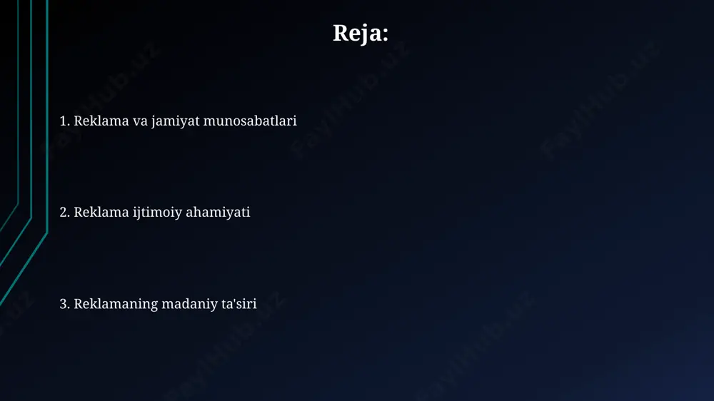 uhim rol o'ynaydi va turli xil tovar va xizmatlar haqida xabardorlikni oshiradi. global reytinglarda 100-o'rinlarda joylashgan brendlarning o'zbekistondagi reklama kampaniyalari milliy madaniy qadriyatlar bilan uyg'unlashgan holda, mahalliy iste'molchilarga ta'sirini kuchaytirdi va 2024-yilga kelib bozor ulushini oshirdi. reklama vositalarining ijtimoiy ta'siri reklama, 2022-yil ma'lumotlariga ko'ra, o'zbekiston bozorida 50 million aqsh dollaridan ortiq mablag' sarflanib, jamiyatning iste'mol madaniyatiga sezilarli ta'sir ko'rsatmoqda. toshkentdagi yirik reklama agentliklari tadqiqotlari shuni ko'rsatadiki, 70%dan ortiq yoshlar reklama vositalarining ta'siriga tushib, brendga sodiqlikni shakllantiradilar. reklama va sog'liq toshkent shahrida 2023-yilda o'tkazilgan statistik ma'lumotlarga ko'ra, tamaki mahsulotlari reklamasi ta'siri ostida 18 yoshgacha bo'lgan yoshlarda chekish odati 15% ga ko'paygan. o'zbekistondagi 2022-yilgi tadqiqotlar shuni ko'rsatdiki, 15-25 yoshdagi yoshlar orasida tezkor ovqat reklamalarining ta'siri natijasida semirish darajasi 30% ga oshgan. brendlar va ularning ijtimoiy roli “coca-cola” каби брендларнинг ижтимоий тармоқлардаги 300 миллиондан ортиқ кузатувчилари мавжуд бўлиб, бу уларнинг таъсир доирасини кенгайтириб, жамиятдаги муайян ғояларни ёки маданиятни тарғиб қилишга имкон беради. ўзбекистондаги …