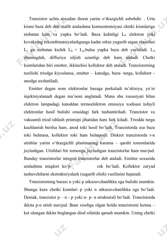 ktronlar xarakati bilan ham boglik. kollektorda esa tok fakat kovaklar xarakati tufayli vujudga keladi. shu sababli emitterning samadorligi ( =iэр / iэр+ iэн orqali aniklanadi. bu yerda iэр - kovaklar xarakati tufayli hosil bulgan emitter toki; iэн -. elektronlar xarakati tufayli hosil bulgan emitter toki. emitterning bazaga injektsiyalangan (purkalgan) bir kism kovaklar bazadan asosiy zaryad tashuvchilar – elektronlar bilan rekombinatsiyalanadi. baza orqali o‘tib boruvchi kovaklar, baza uchun asosiy bo‘lmagan tok tashuvchi zarrachalar xisoblanadi. kuyidagi ( = iк- iкбт./ iэр nisbat bilan aniklanadigan kattalik baza orqali utuvchi asosiy bo‘lmagan zaryad tushuvchilarni utkazish koefftsenti deb yuritiladi.emitterning samaradorligi va utkazish koeffitsiyenti tranzistor katta signal bilan ishlagandagi tok uzatish koefftsenti.h21б. ni belgilaydi. bu koeffitsent h21б= eq \f(ik- iкбт;iэр) = -((( da teng. kollektorga kirib keluvchi tok yo‘nalishi musbat yo‘nalishi musbat yunalish deb qabul qilinganligidan «minus» ishora quyiladi. h21b koeffitsiyenti tranzistorning muxim parametrlaridan biri xisoblanib sifatli tayorlangan tranzistorlarda birga yakin bo‘ladi. tranzistorni zanjirga ulash umumiy …