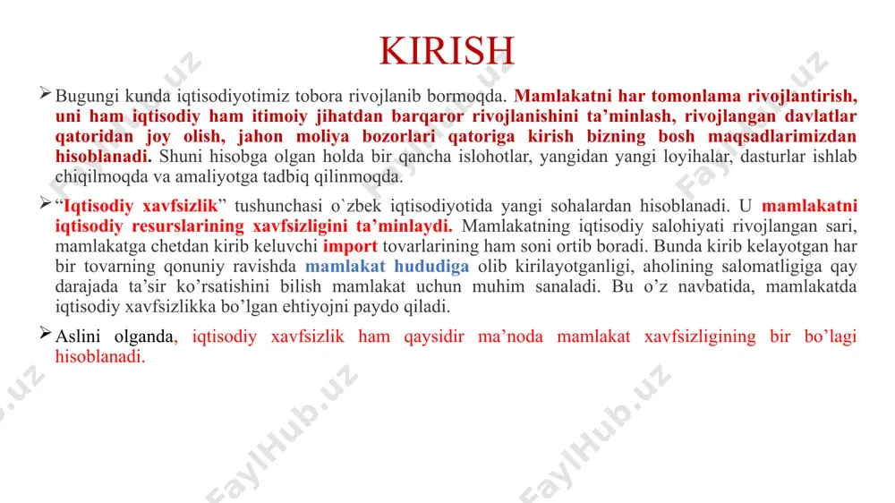 tashqi qarzlar bo‘yicha to‘lovlar to‘lovlarning yillik eksport hajmiga nisbatan, foiz (yuqori chegara) 25 mudofaaga xarajatlar yalpi ichki mahsulotga nisbatan, foiz (yuqori chegara) 3 fuqarolik fanlariga xarajatlar yalpi ichki mahsulotga nisbatan, foiz (quyi chegara) 1,5 innovasion mahsulotlar sanoat mahsulotlari umumiy hajmiga nisbatan, foiz (quyi chegara) 15 sanoat ishlab chiqarishda mashinasozlik va metallni qayta ishlash sanoat ishlab chiqarish hajmidagi ulushi, foiz (quyi chegara) 25 davlat byudjeti defisiti yalpi ichki mahsulotga nisbatan, foiz (yuqori chegara) 3,0 davlat qarzini qoplash xarajatlari davlat byudjeti xarajatlari xajmiga nisbatan, foiz (yuqori chegara) 20 yashash minimumidan past darajada daromad oluvchi aholi aholi umumiy sonidagi ulushi, foiz (yuqori chegara) 7,0 aholi daromadlari bo‘yicha tabaqalanishi desil koeffisienti (yuqori chegara) 8,0 mamlakat ichki iqtisodiy xavfsizligini ta’minlash. ichki tahdid omillar bir yoqlama, deformasiyalashgan, qoloq iqtisodiyotning meros qolganligi hududiy separatizm va lobbizmning yuqoriligi milliy iqtisodiyot raqobatbardoshliligining pastligi iqtisodiyotning yuqori monopollashuvi investision faollikning pasayishi ijtimoiy ziddiyatlar kelib chiqish xavfining mavjudligi yuqori darajadagi infilyasiya infratuzilmaning …